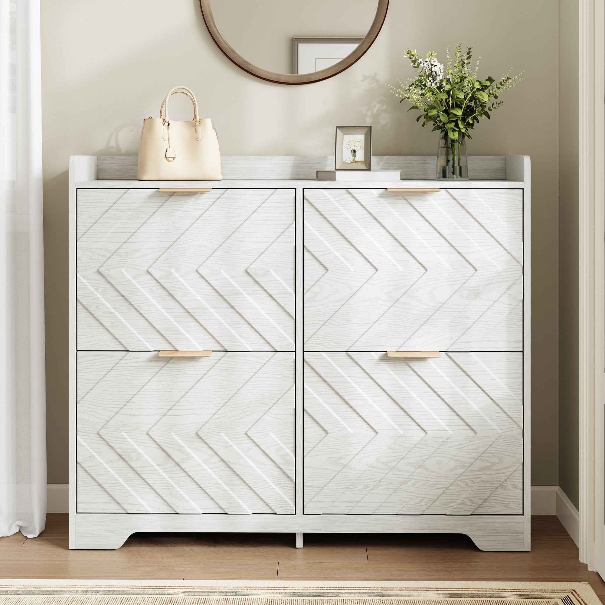 Shoe Cabinet with 4 Flip Drawers, 3D Textured Front and Top Shelf, White Particle Board