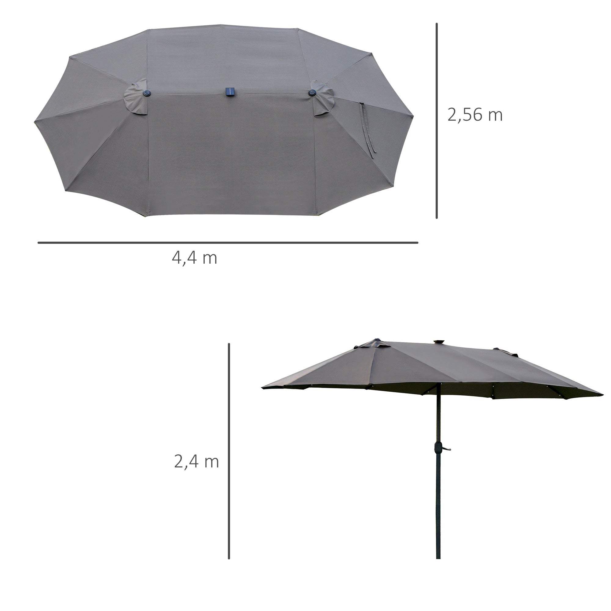 Parasol 440x260cm Double LED Hand Crank Patio Umbrella Dark Grey Metal
