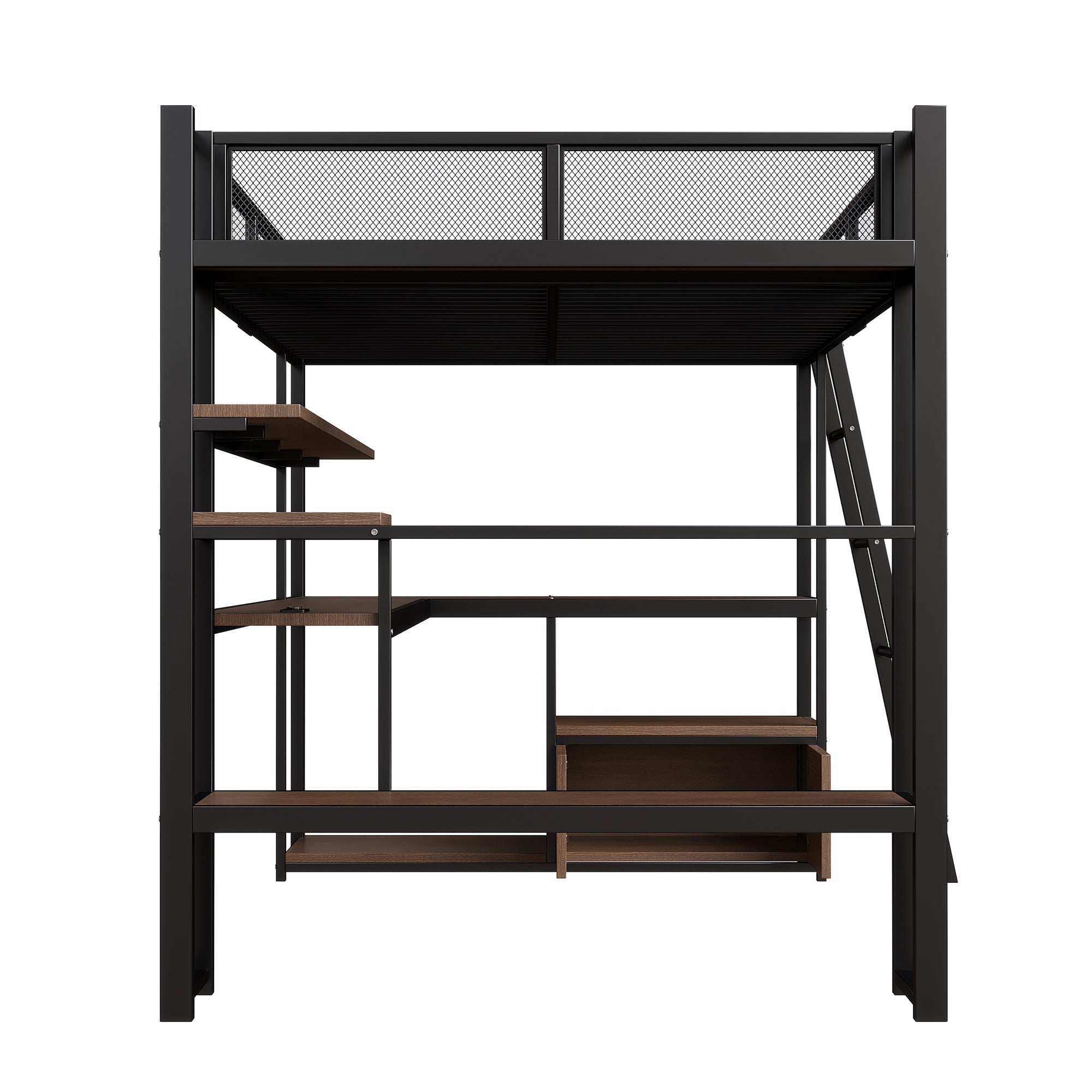Metal Gaming Loft Bed with Integrated Workspace, LED Lighting and Storage, 140x200cm, Black