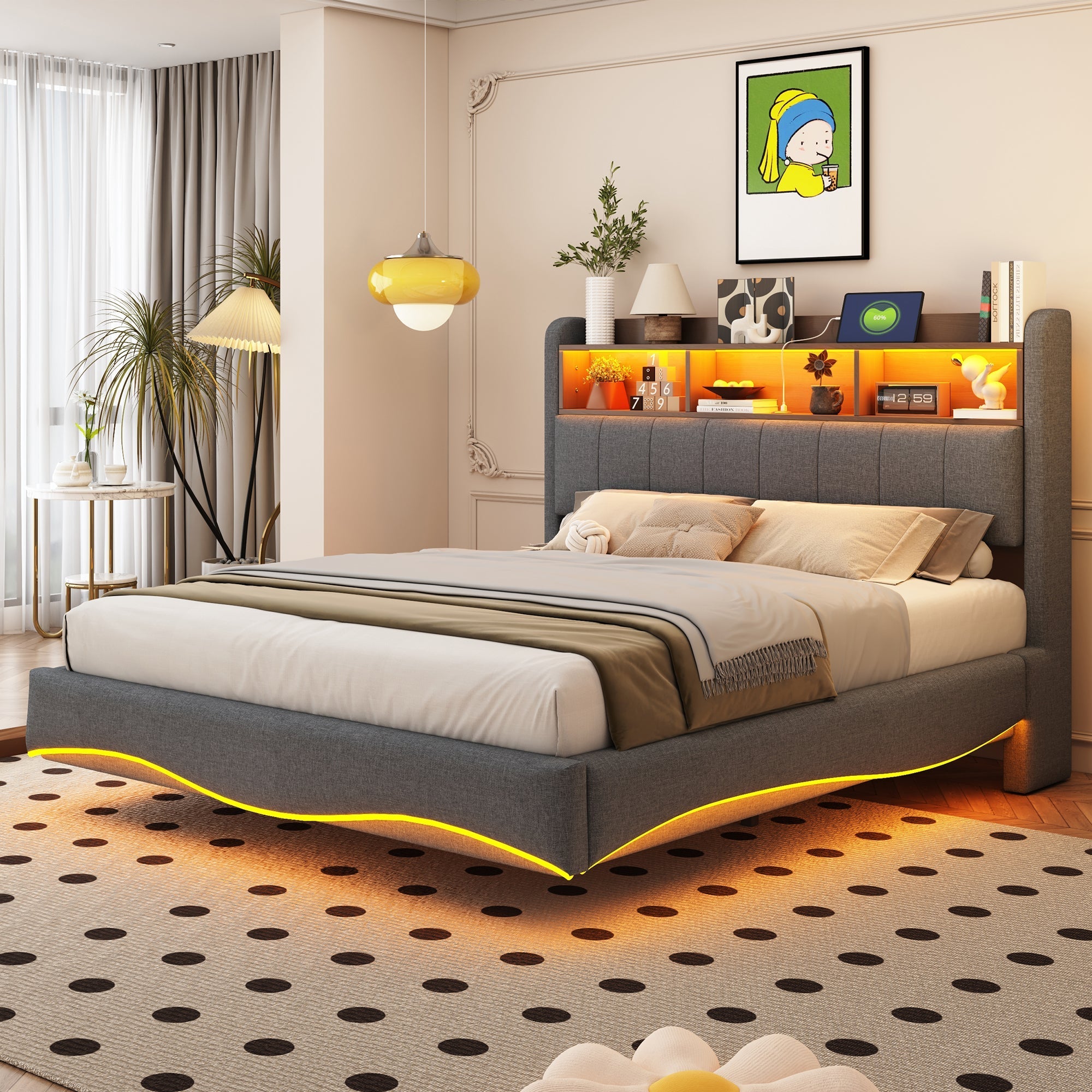 Upholstered Bed with LED Lighting, USB & Type-C Ports, and Headboard Storage, Grey