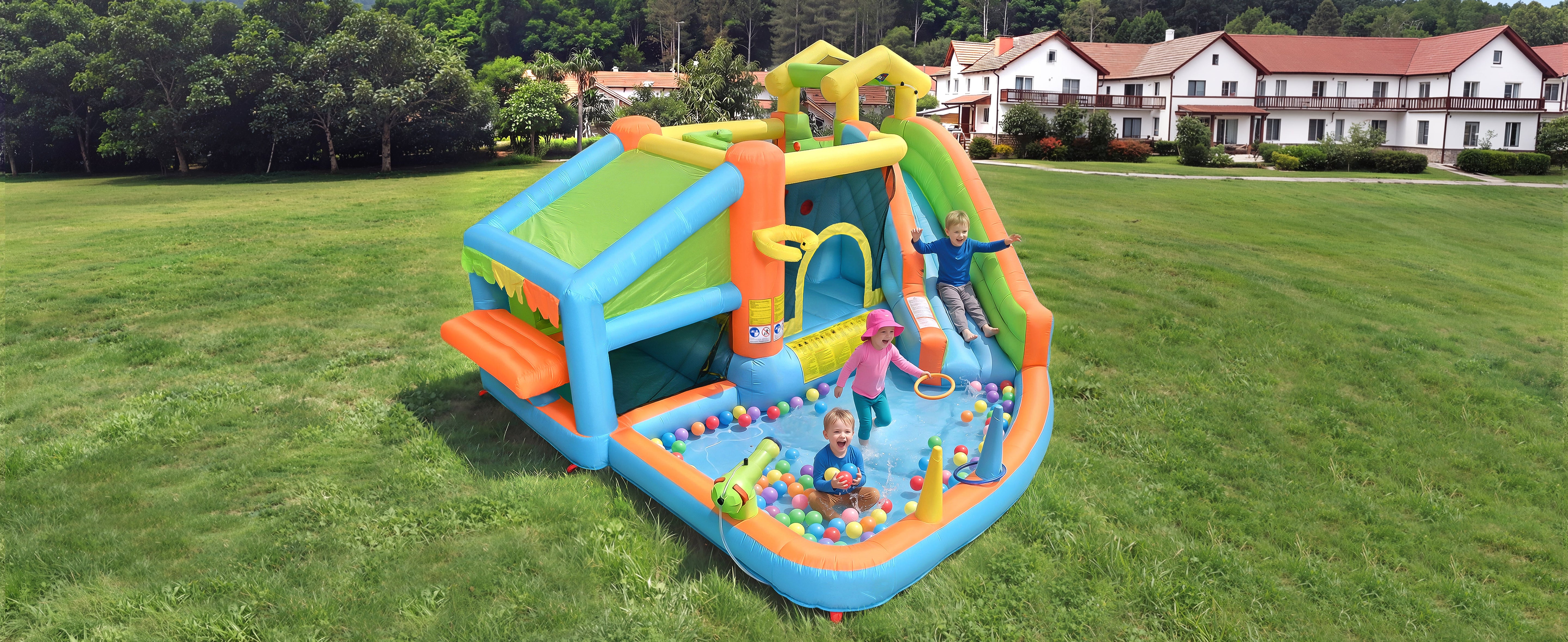 Children's Bouncy Castle and Inflatable Water Park with Blower, Slide and Basketball Hoop, 360x350x210cm, Oxford Fabric