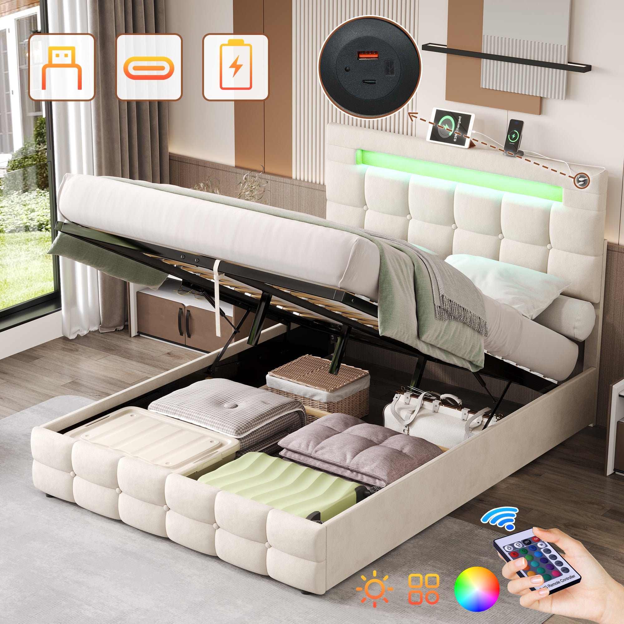 4ft6 Double Upholstered Bed Frame with Hydraulic Storage, LED Lighting, Charging Station, and Adjustable Button Tufted Headboard, Beige Velvet (No Mattress)