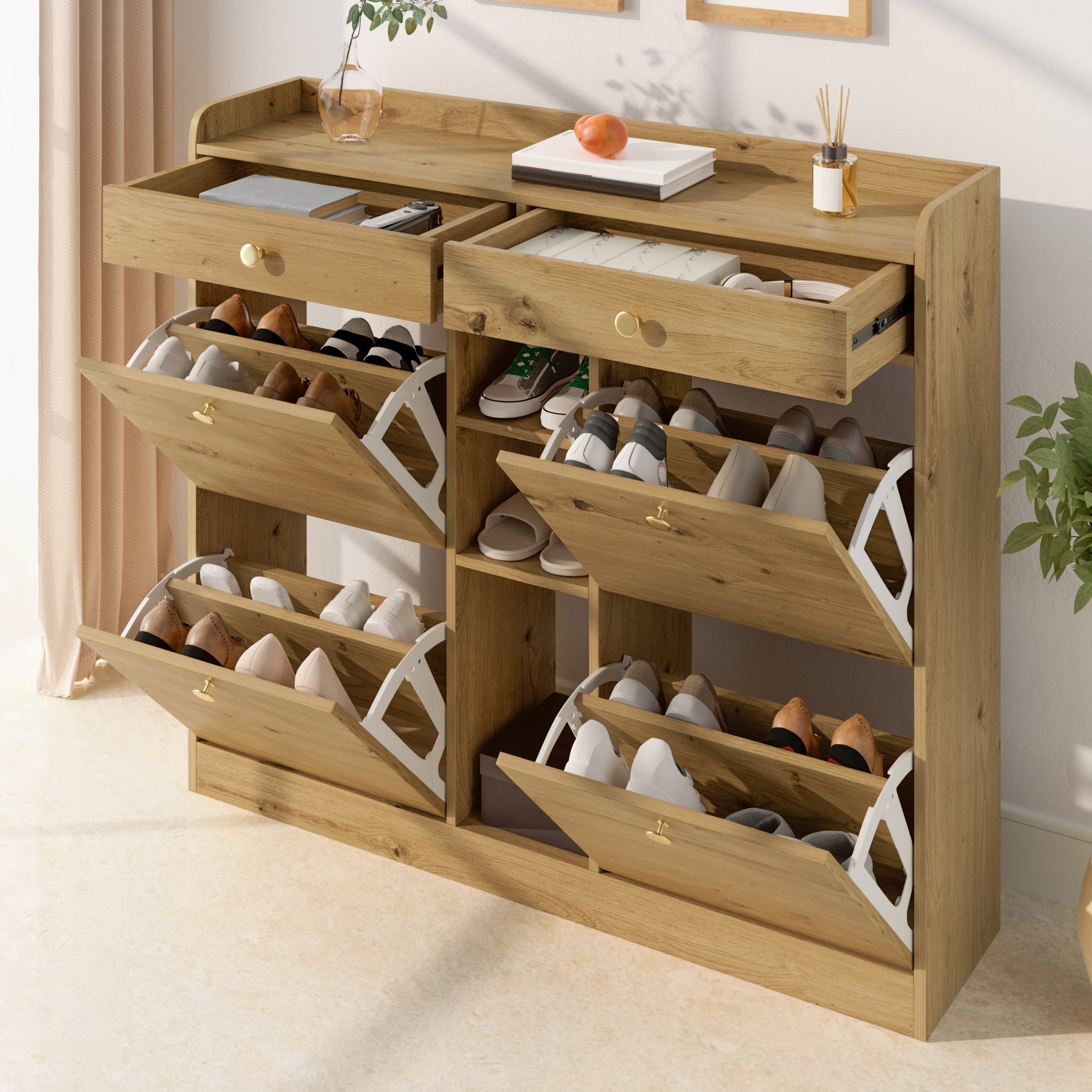 Shoe Cabinet with 4 Hinged Doors, 2 Drawers and 3 Open Compartments, 110x26x100cm, Wood Color