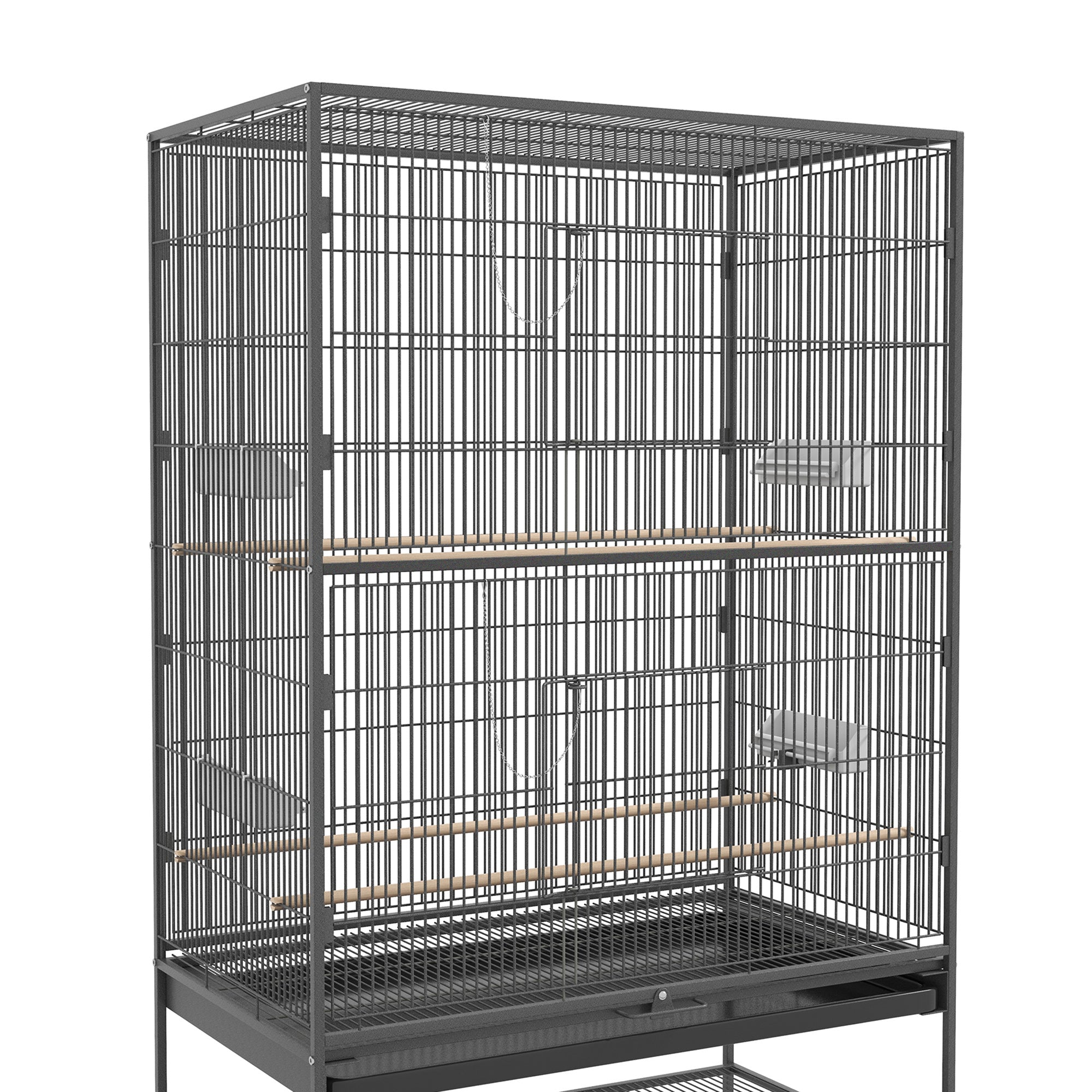 Bird Cage Aviary, Perches, Shelf, Doors, Wheels, Grey