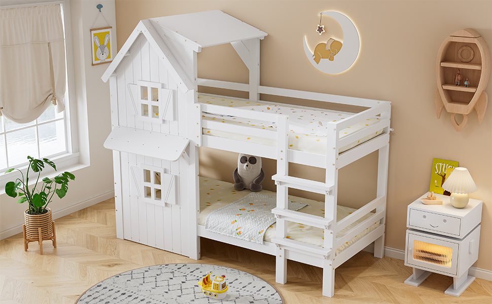 Bunk Bed Kids House, Safety Rails Ladder Slatted Base, Pine/MDF/Plywood White 90x200cm
