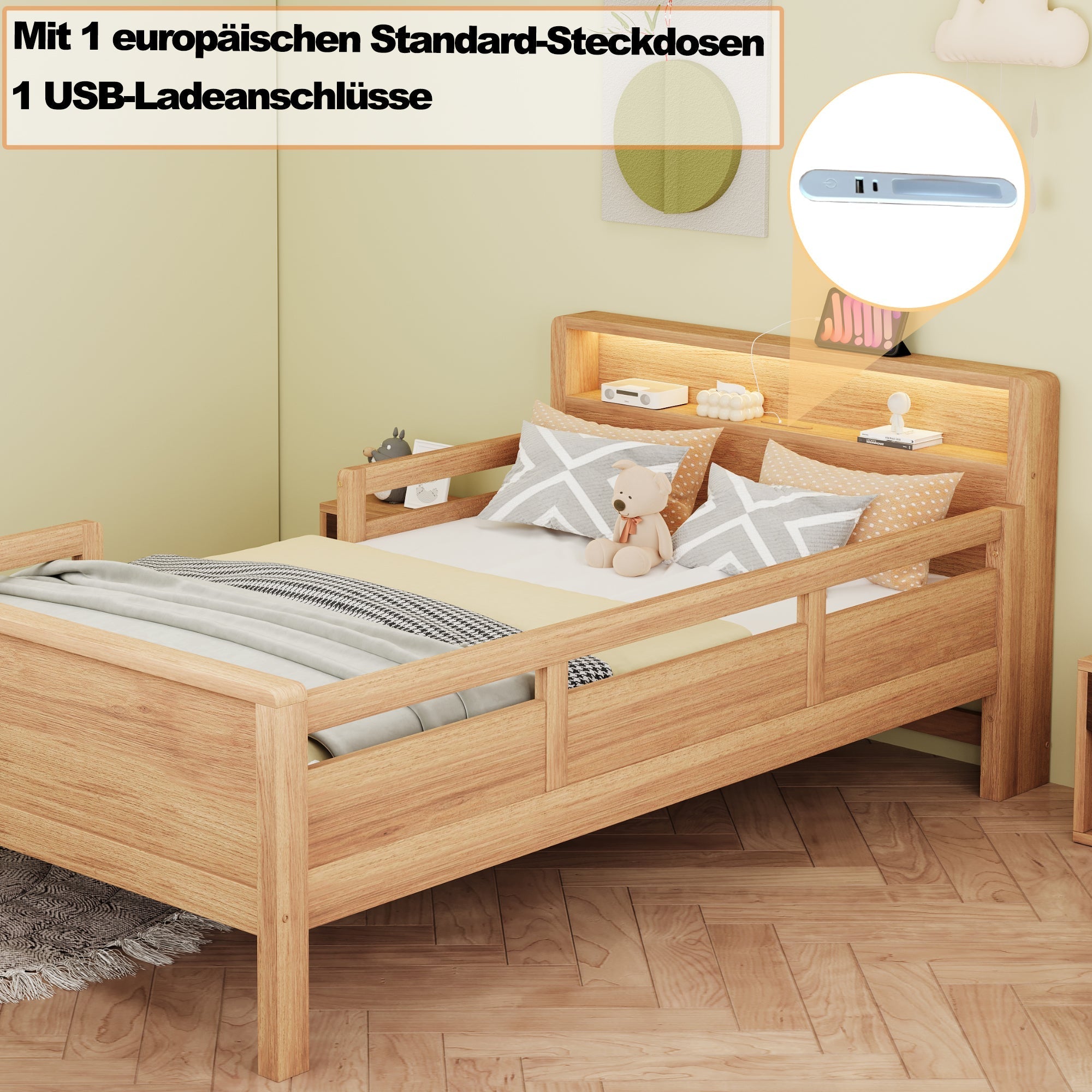 Wooden Bed, 90x200cm USB/Type-C, LED Light, Storage Headboard, Pinewood