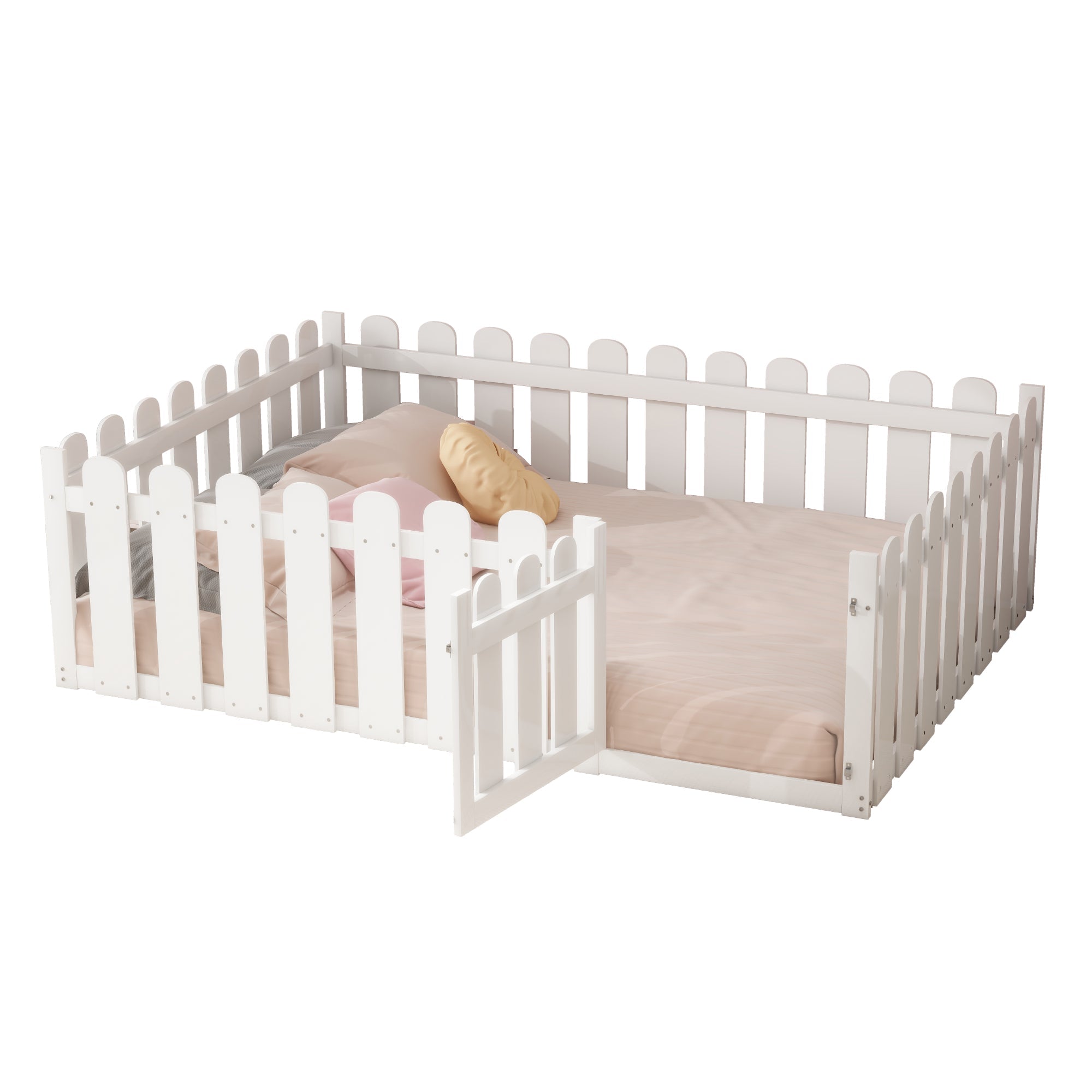 Children's Bed 140x200cm, Wooden Frame with Door & Surround, White