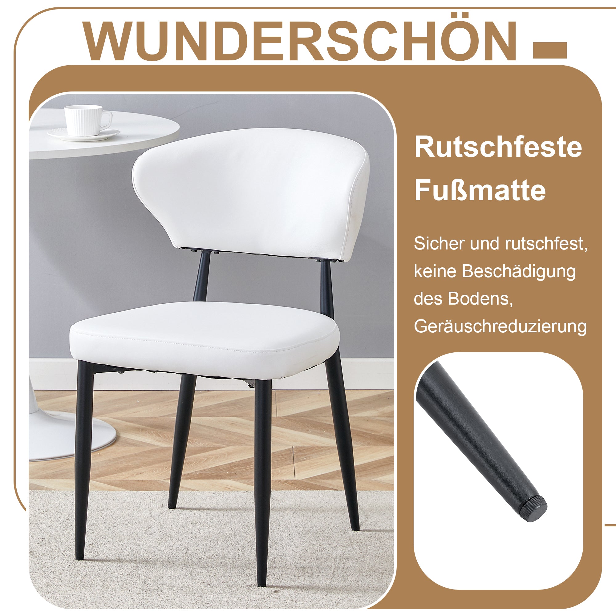 Round Table Set Modern Minimalist 100cm with 2 Armchairs - White PU/Wood Look