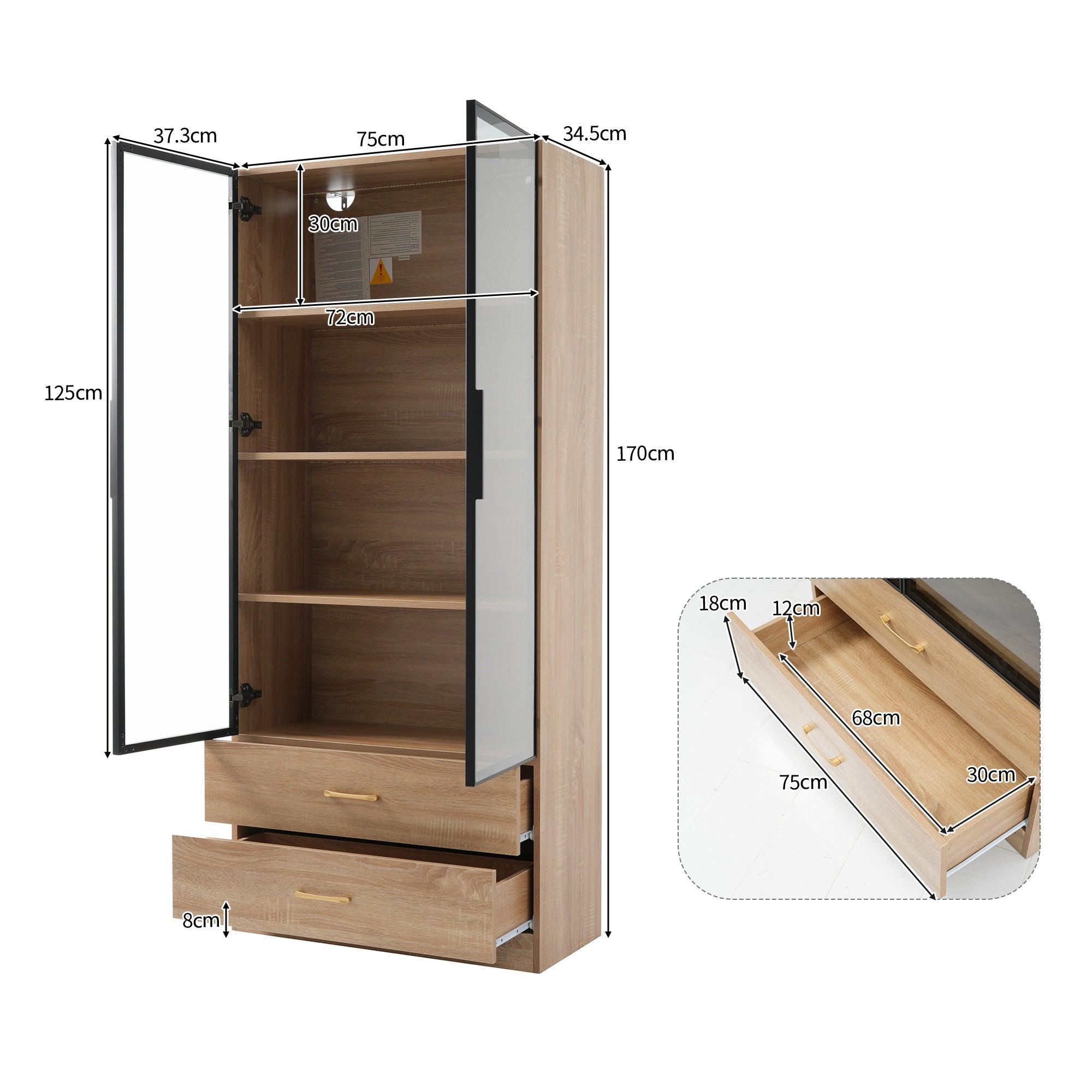 Bathroom Cabinet Medium 75cm Light Strip 2 Drawers Glass Door