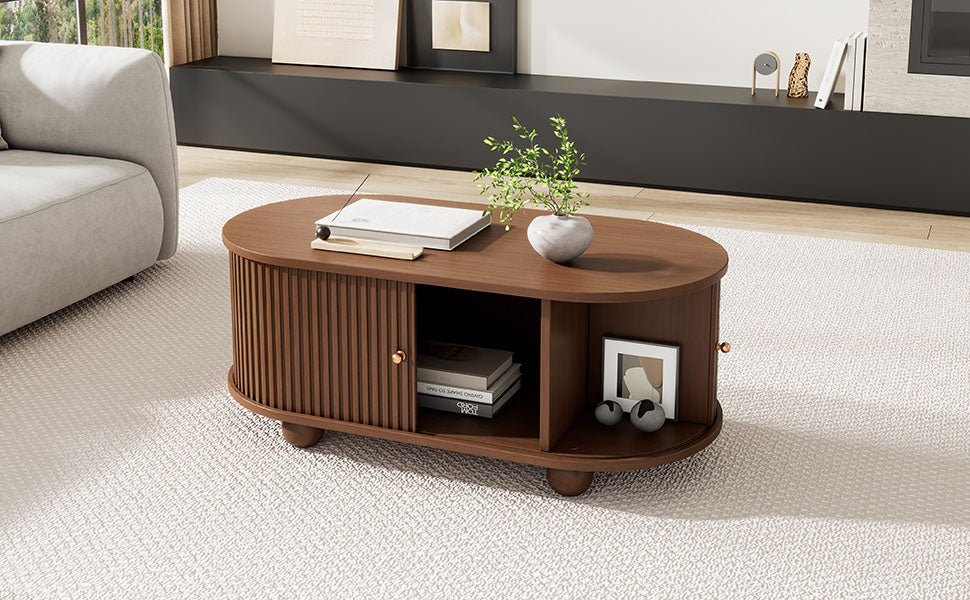 Oval Coffee Table with Sliding Doors and Storage, Oak MDF