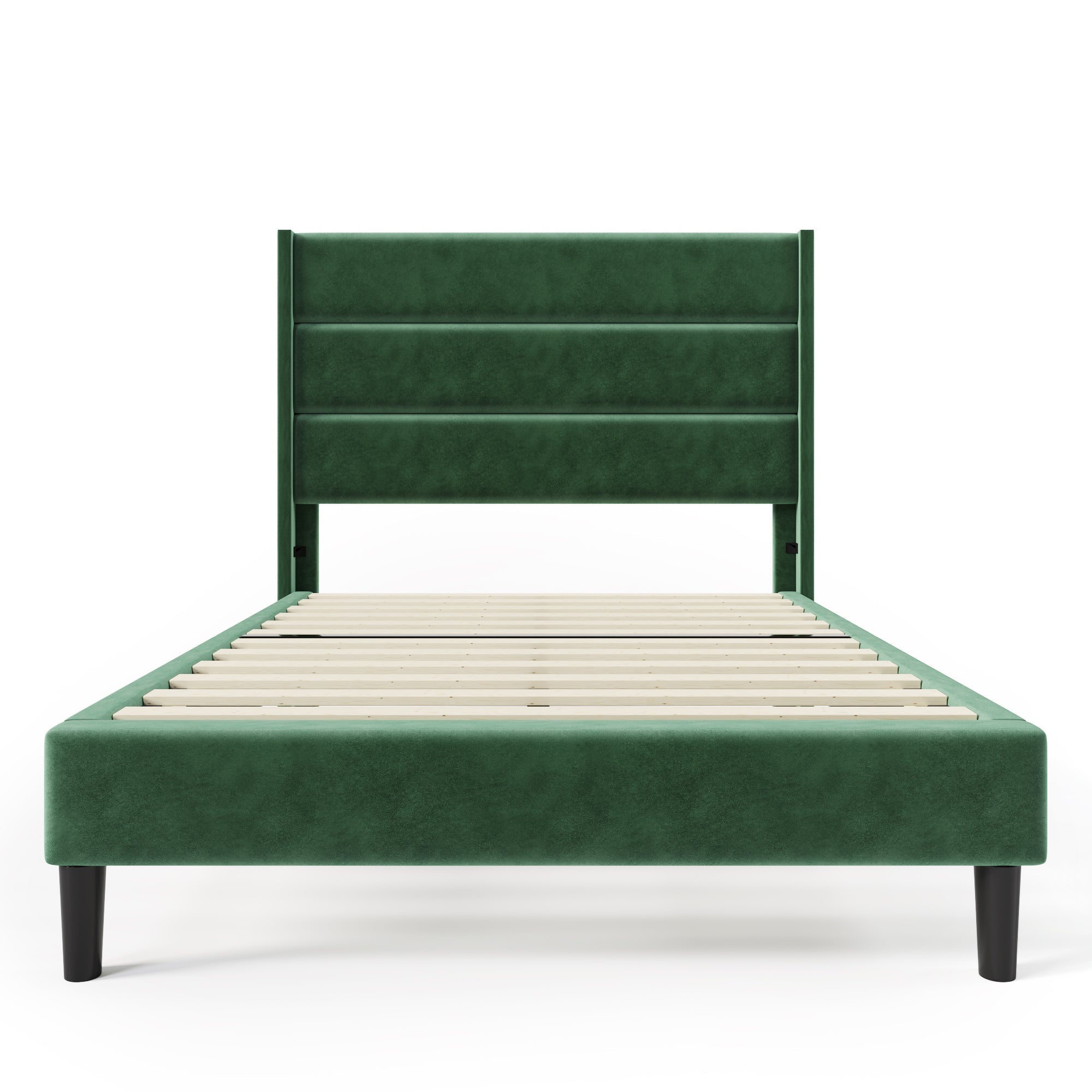 Upholstered Bed, 90 x 200 cm, Slatted Frame & Headboard, Velvet Dark Green