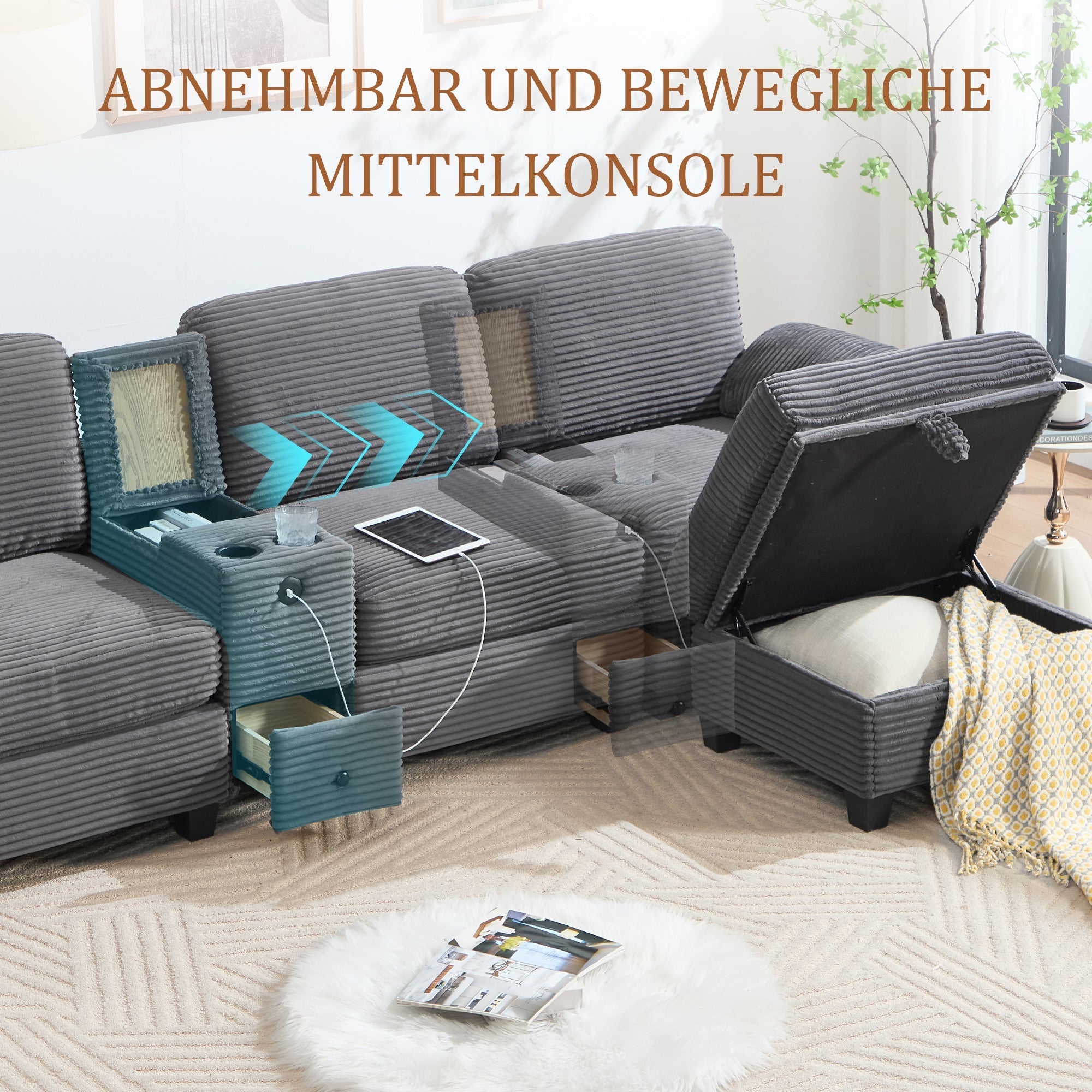Sofa - Comfort Foam, Removable Console, USB-C, Storage Ottoman - Corduroy