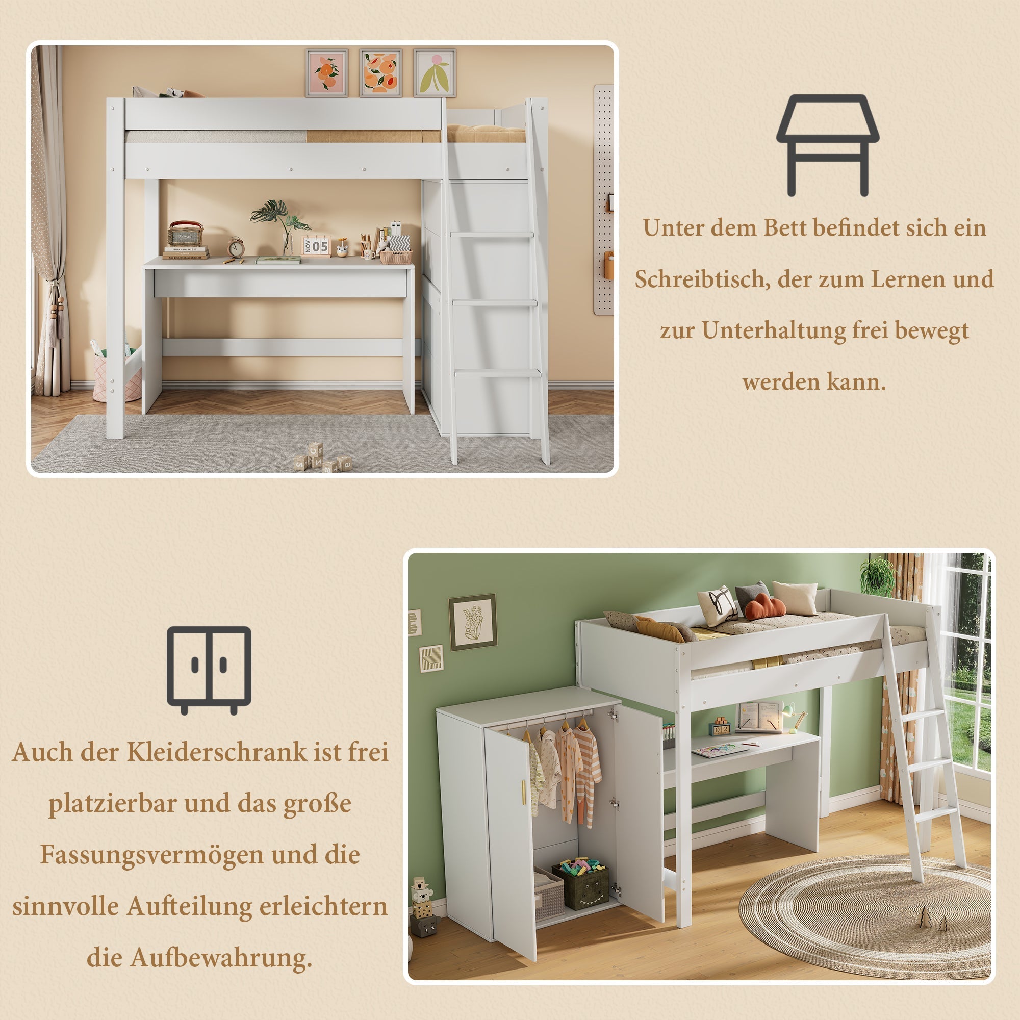 Children's Loft Bed 90x200cm Multifunctional Desk Wardrobe Solid Wood - White