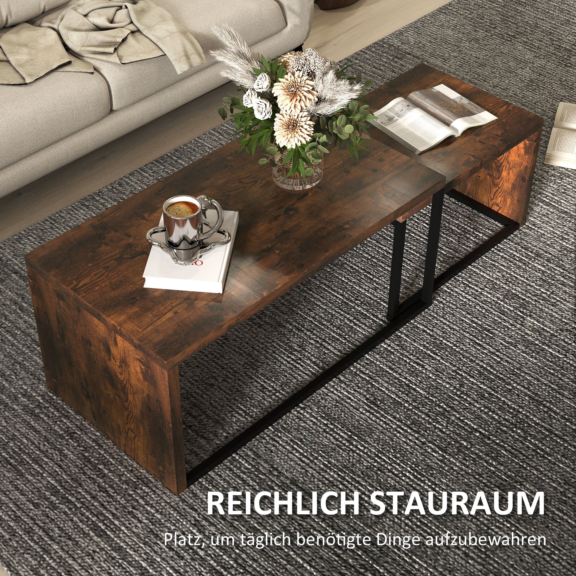 Couchtische, verschachtelt, multifunktional, verschiedene Formen, schwarzes und braunes Metall