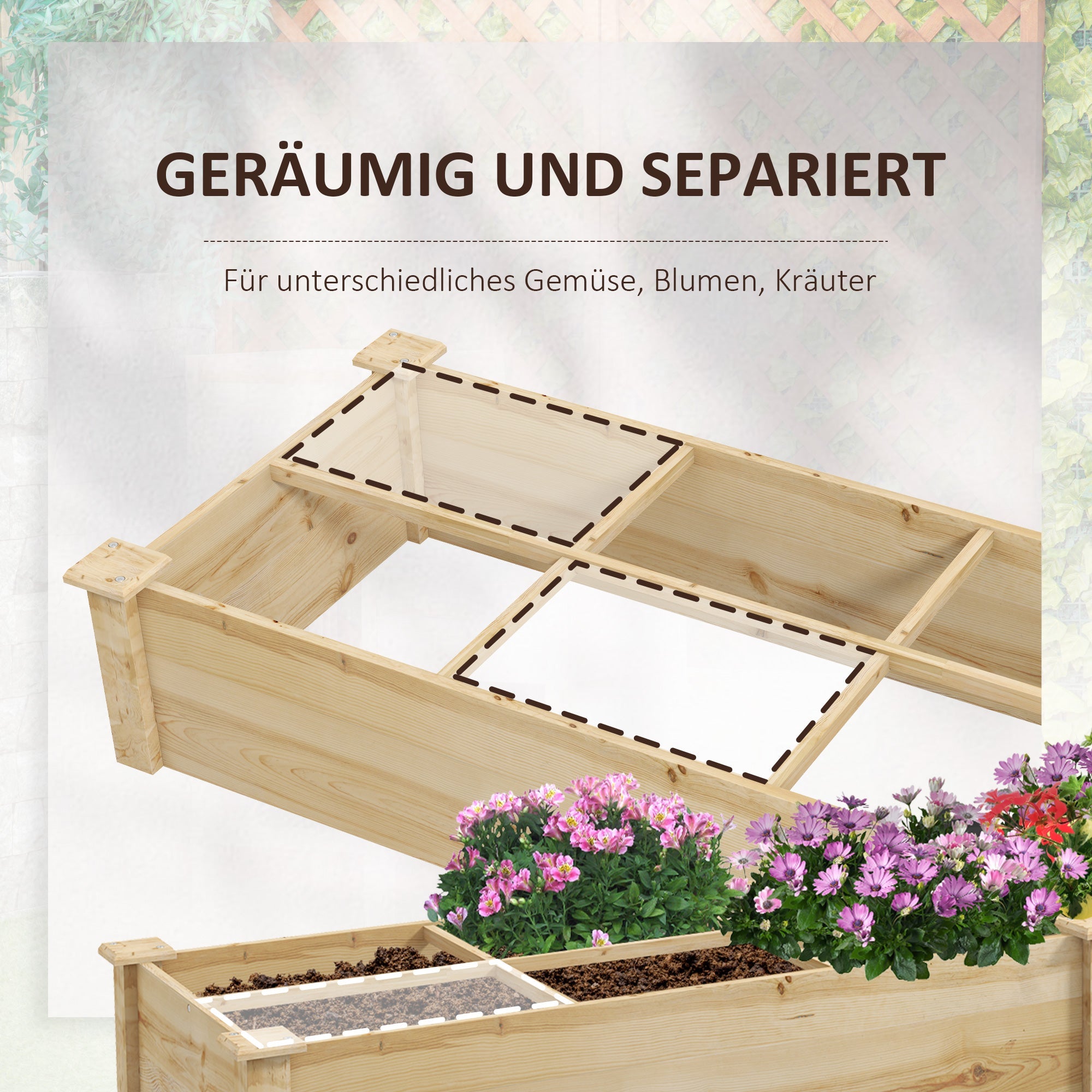 Raised Garden Bed Planter, Large 2 Compartments, 237x60x25cm, Wooden Natural