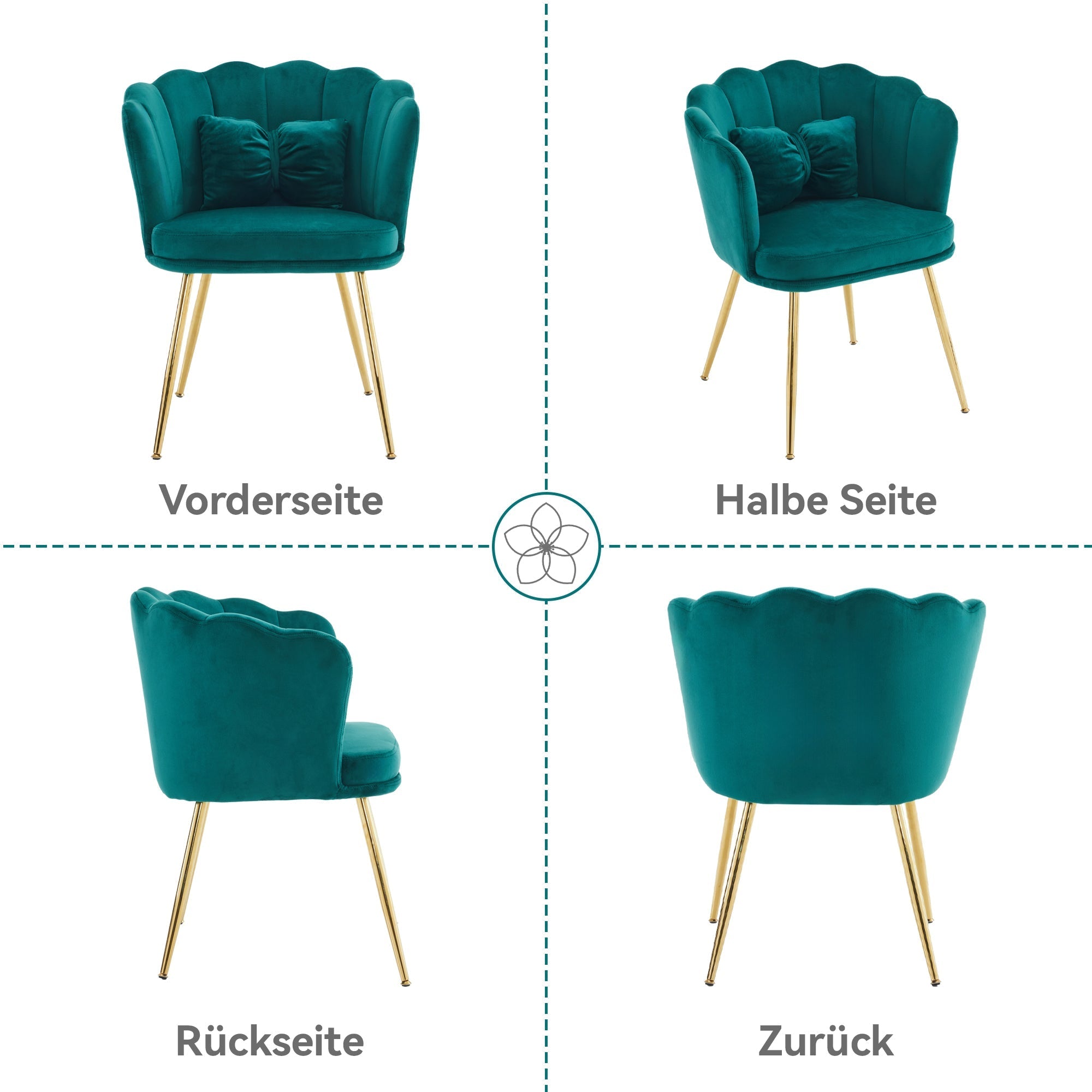 Modern velvet armchair, comfortable upholstered with petal back, gold-plated metal legs and butterfly cushion