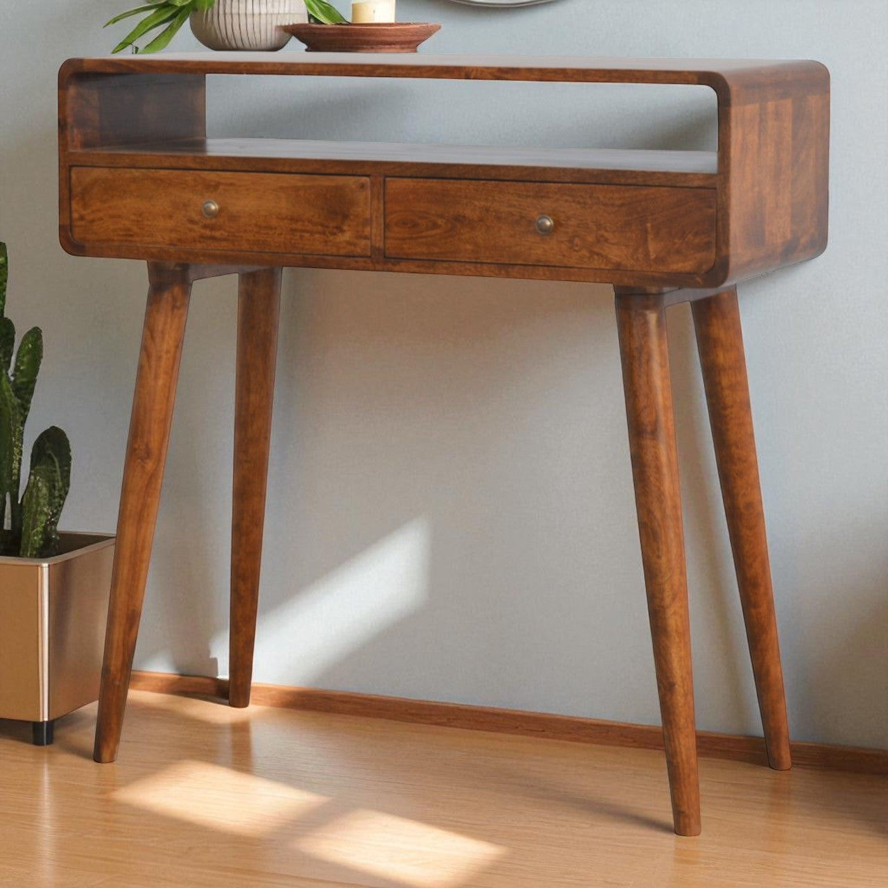Solid Wood Console Table, Curved Chestnut 2-Drawer, Brown