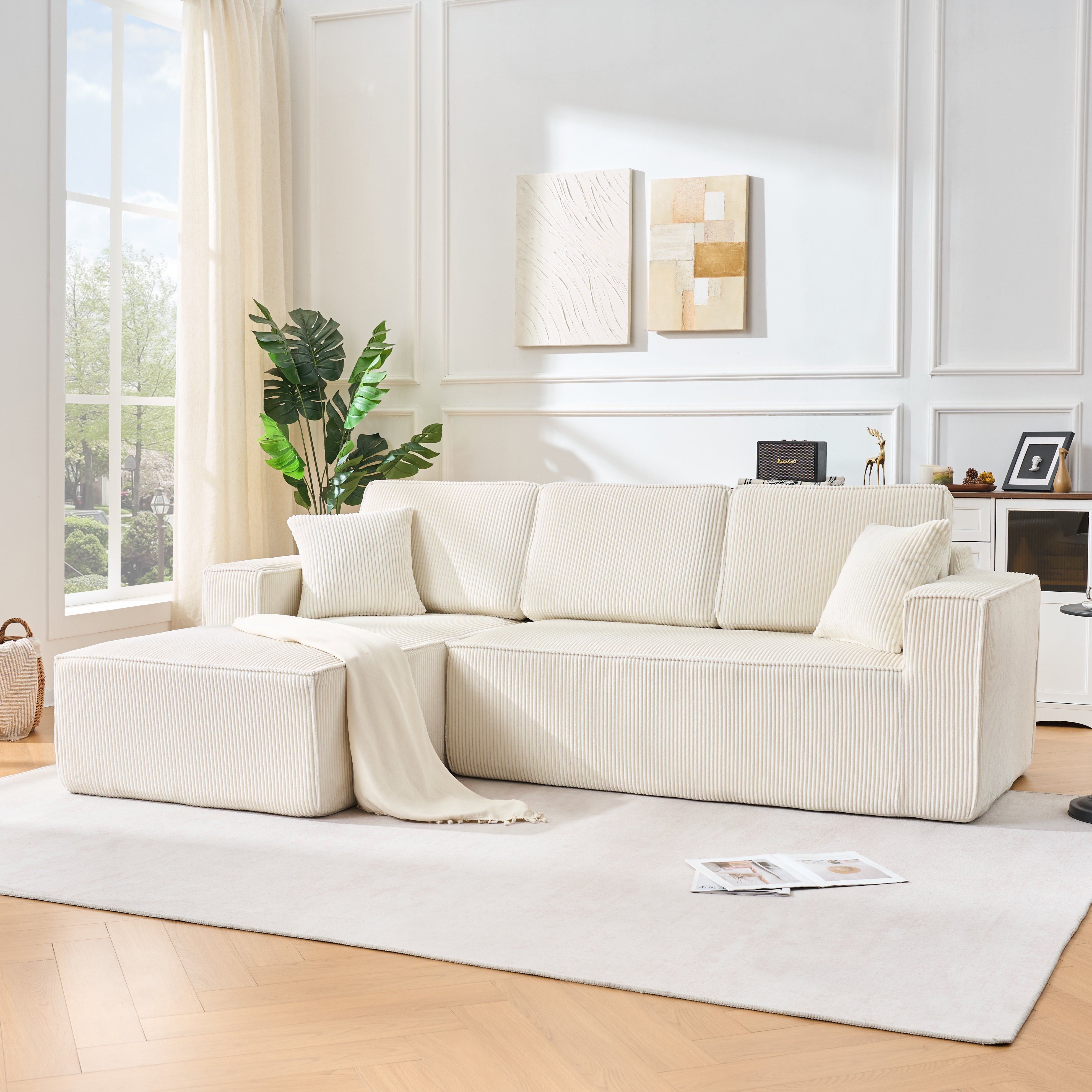L-Shaped Sofa with Chaise Longue and High-Density Foam, Corduroy Beige