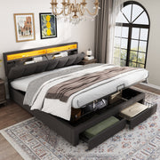 Upholstered Bed, Super King 6ft Hydraulic Storage with LED Lighting, Linen Grey