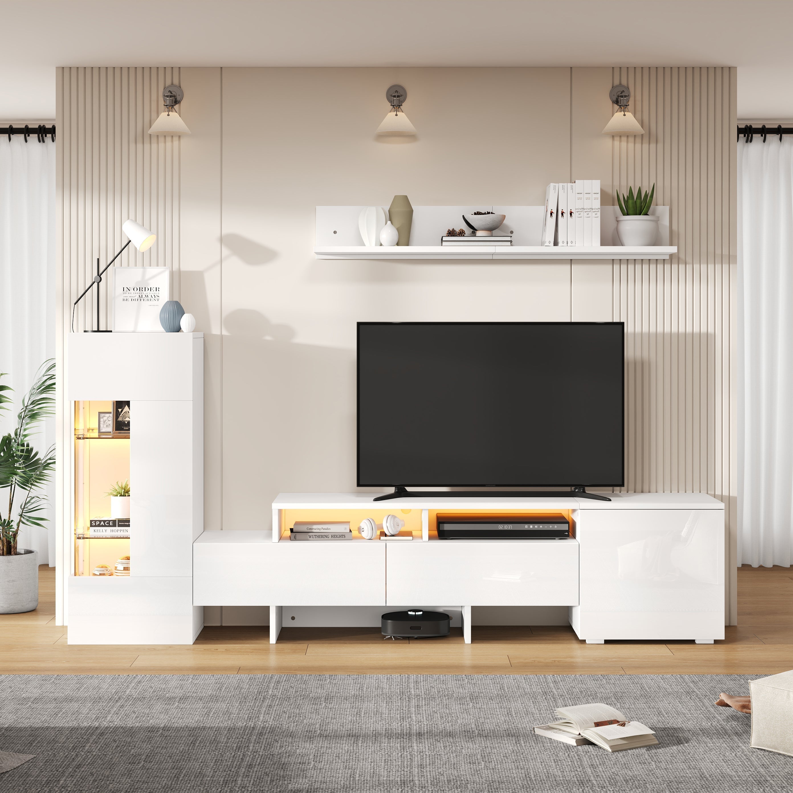 3-Piece TV Wall Unit Set High-Gloss LED Modern Wall-Mounted White