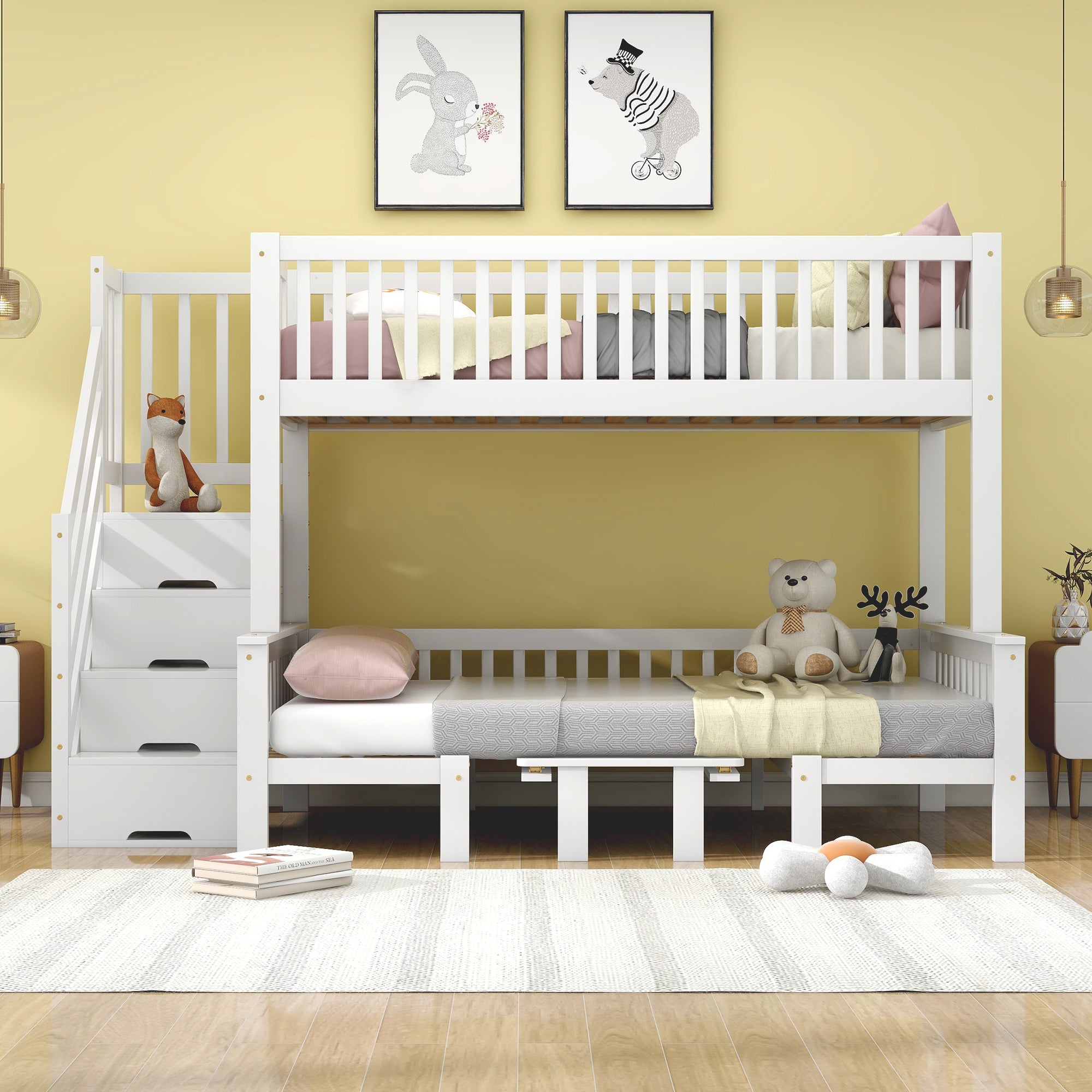 Bunk Bed, Multifunctional Height-Adjustable Table, Storage Ladder & Safety Railing, Pine + MDF + Plywood, White