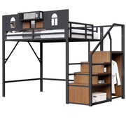 Large Metal Loft Bed with Storage Stairs and Integrated Shelving, Black and Wood Look