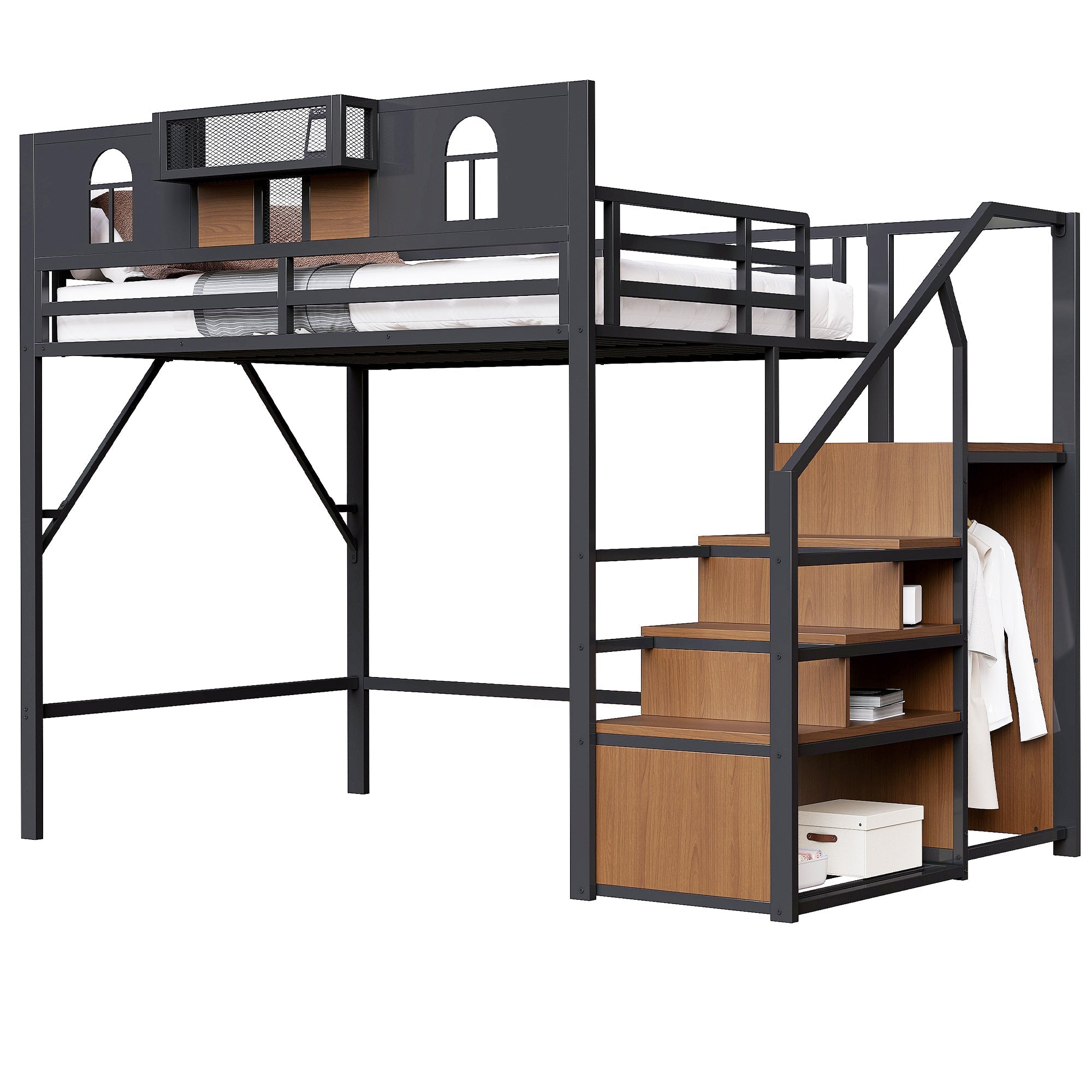 Large Metal Loft Bed with Storage Stairs and Integrated Shelving, Black and Wood Look