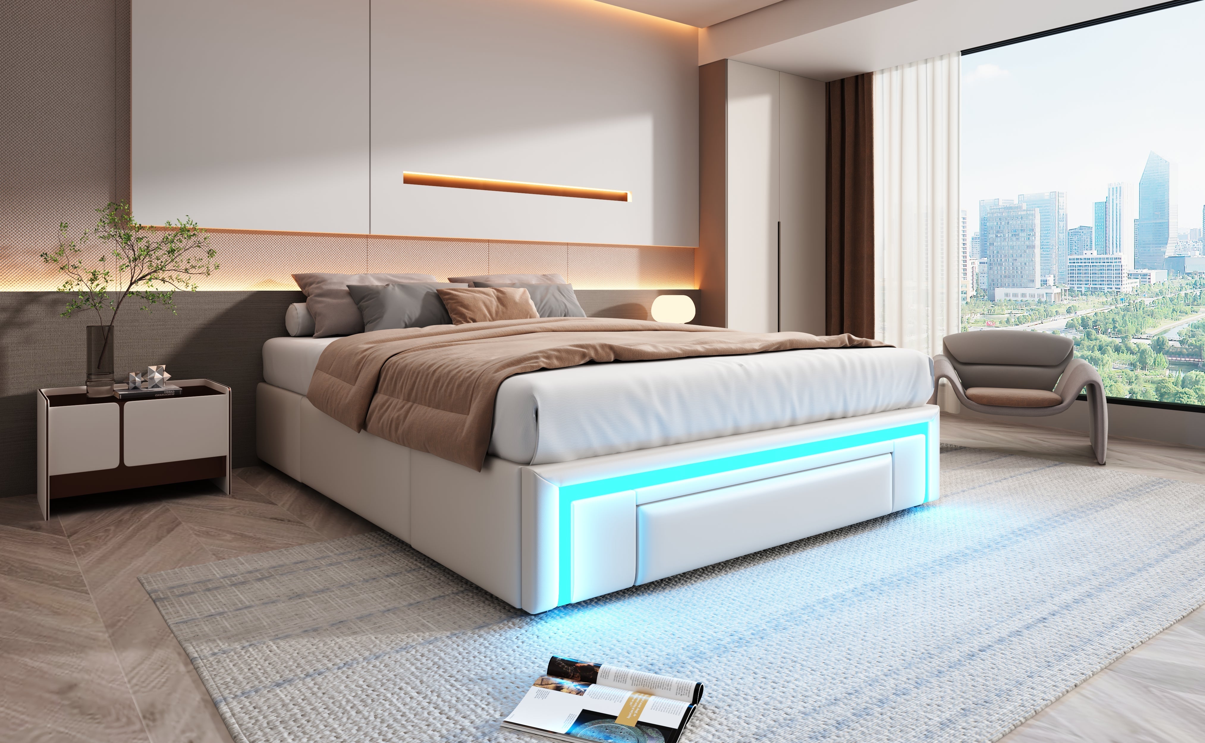 Bed Frame 140x200 with Drawers, LED Light Bar, Metal Slatted Platform, PU Leather Beige
