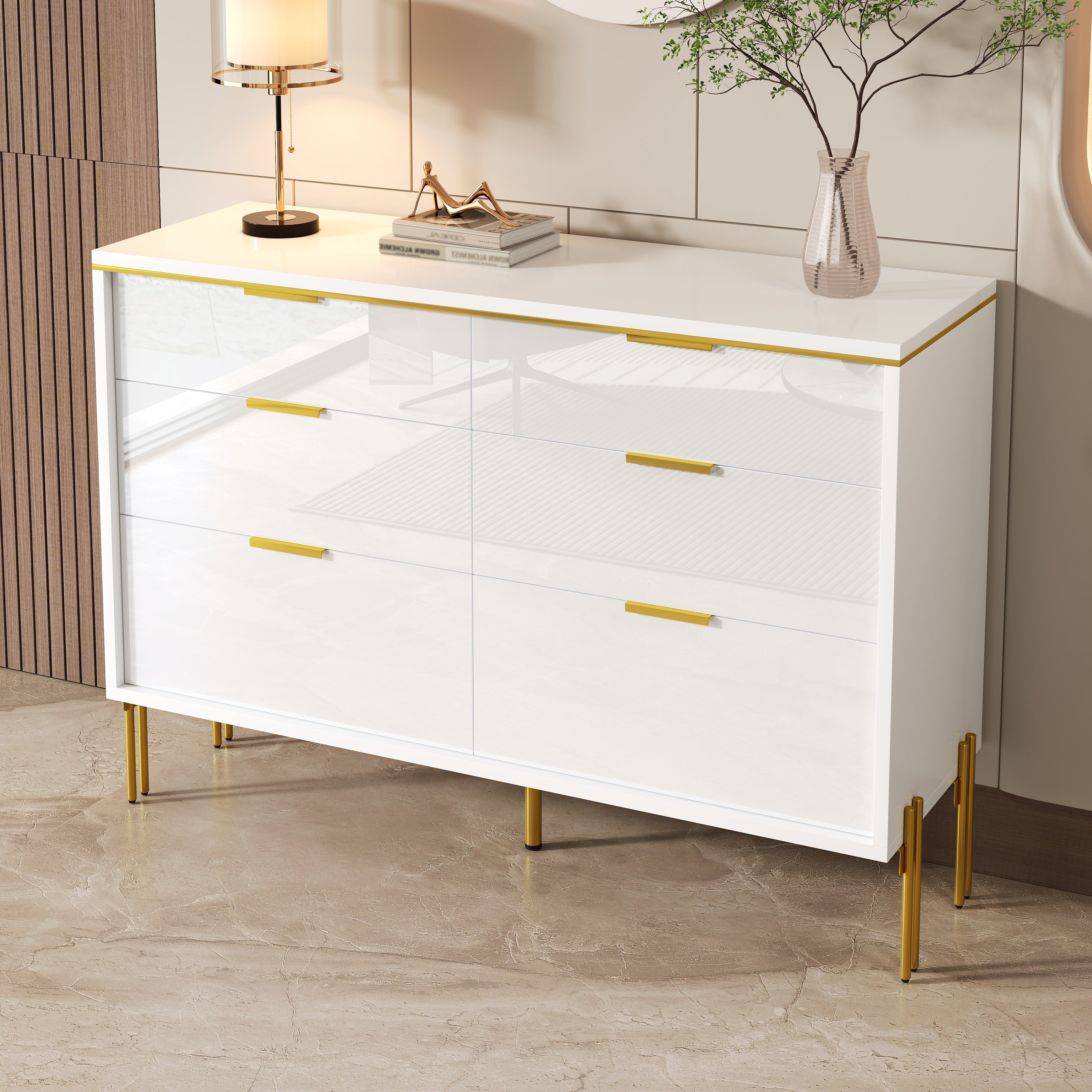 Sideboard Cabinet Modern 6 Drawers High-Gloss - White and Gold