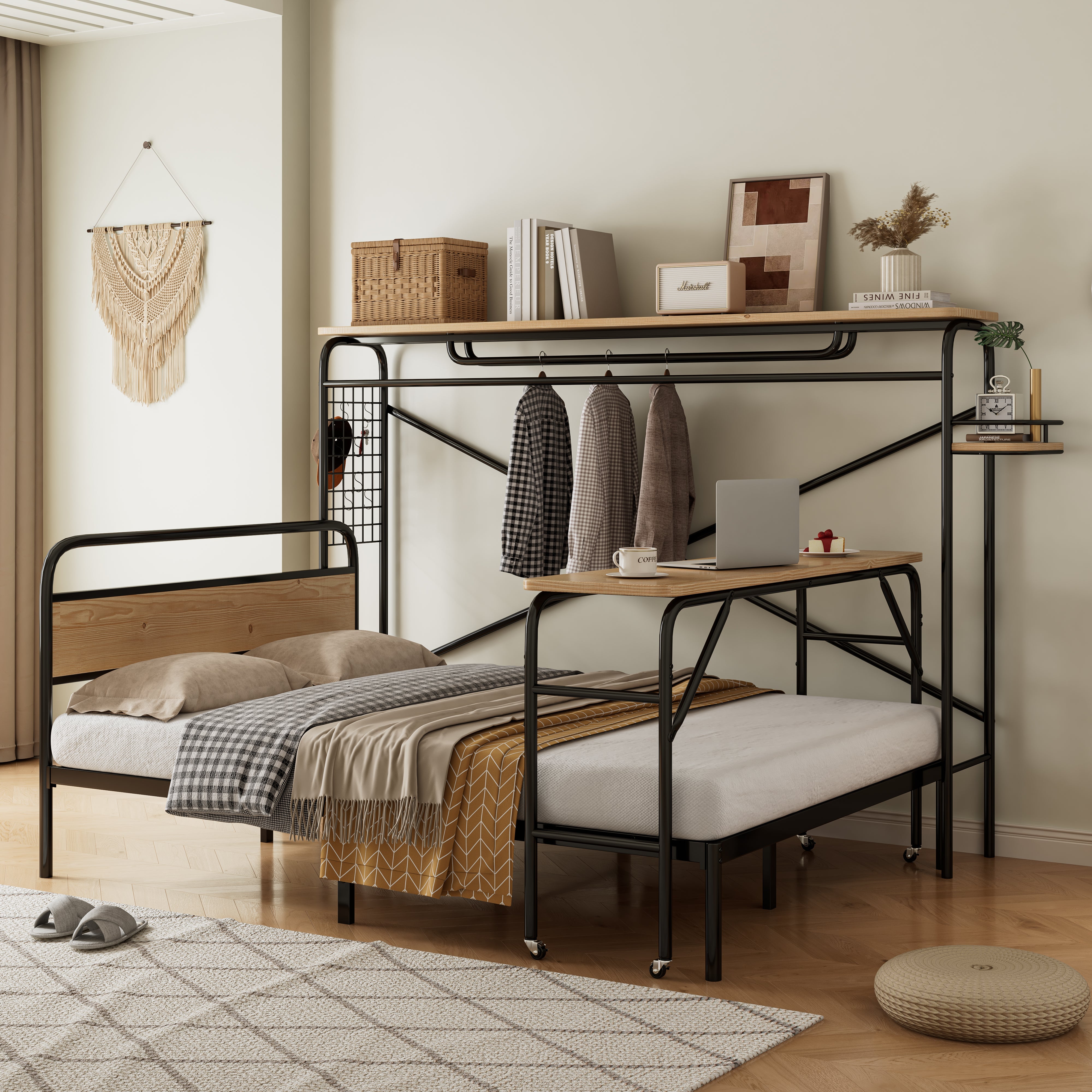 Metal Bed, Flat with Table & Coat Rack, Black & Natural Wood