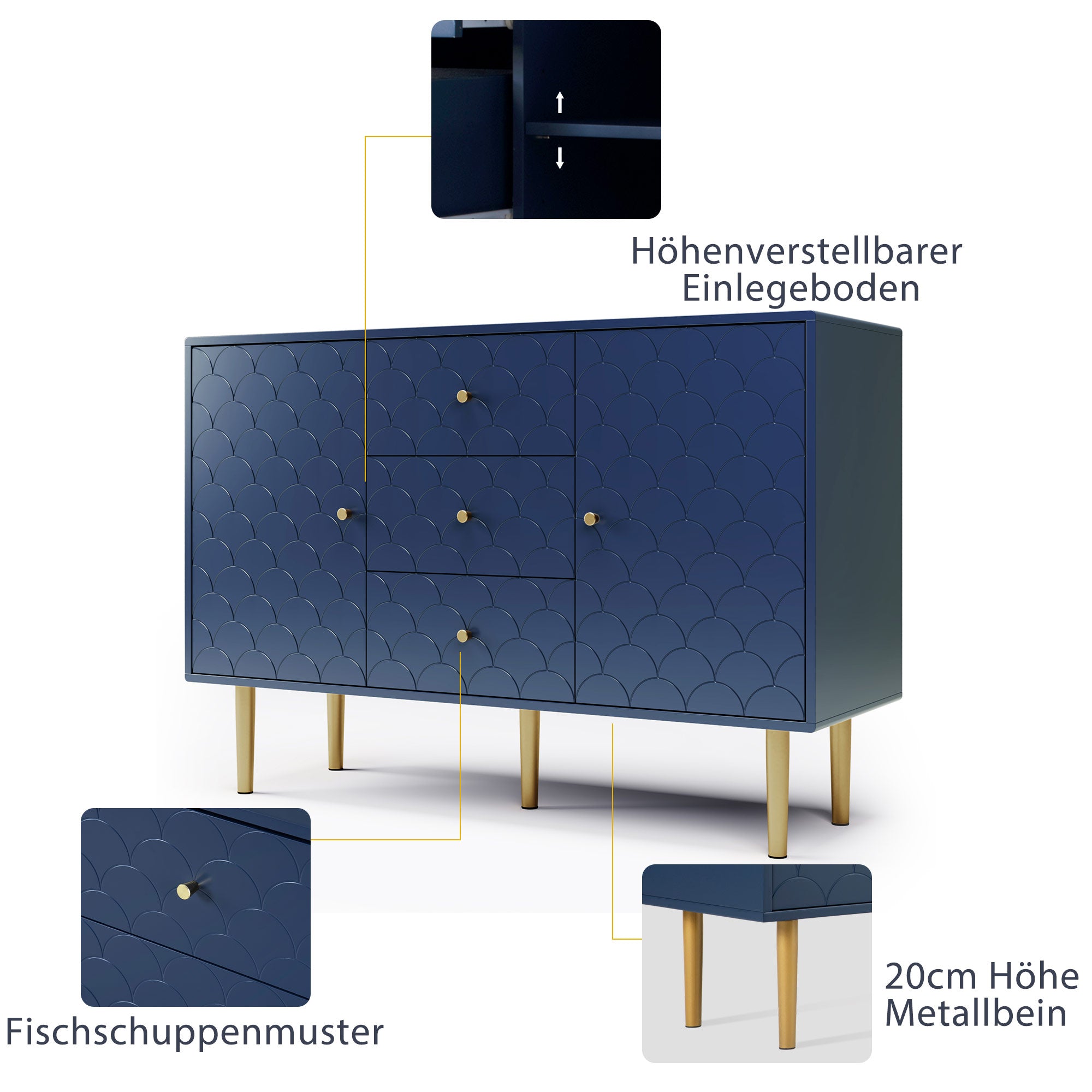 Sideboard Chest 2 Doors 3 Drawers Adjustable Shelf - Navy Blue