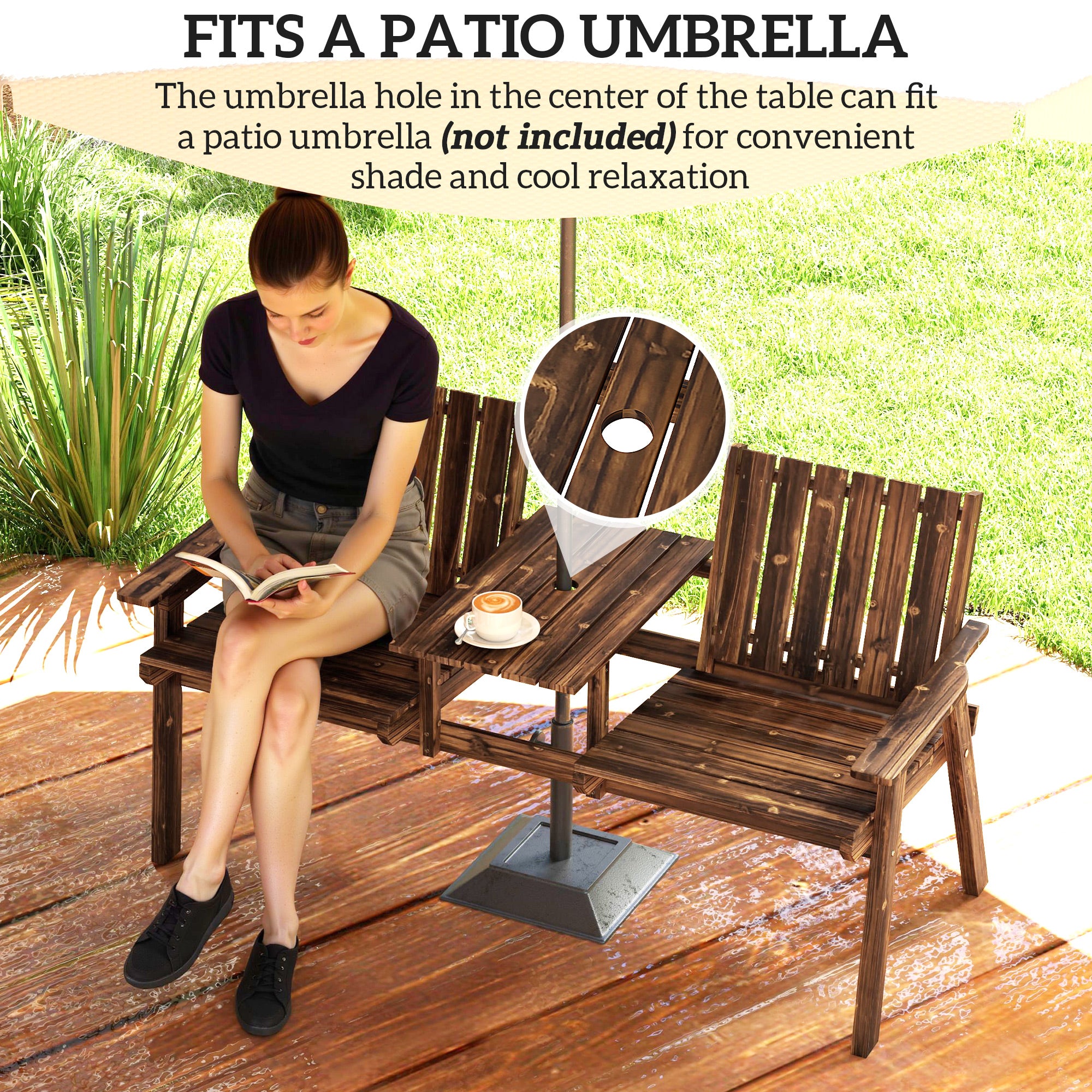 2-Seater Garden Bench with Table & Parasol Hole Wood Carbonised Finish