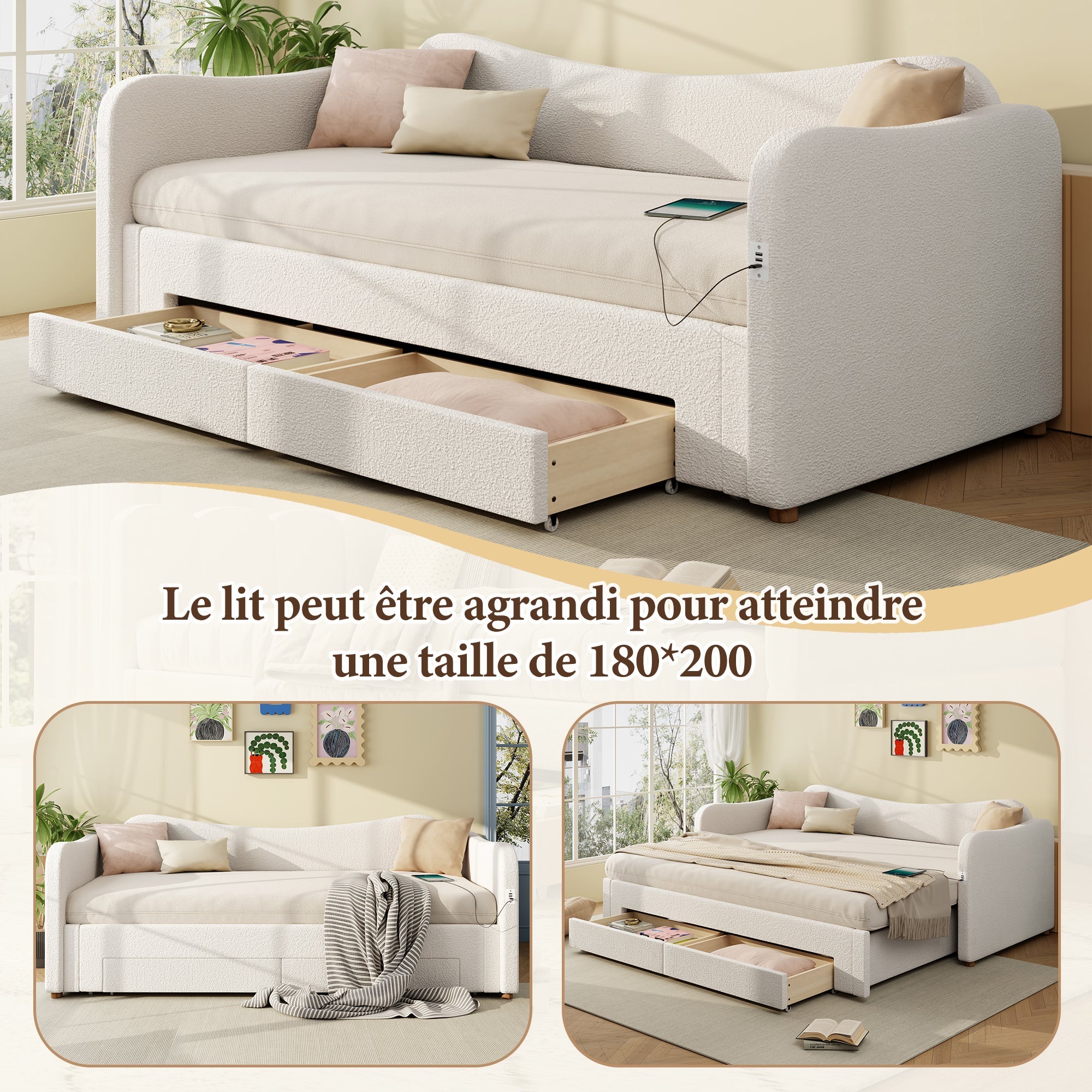 Upholstered Daybed with 2 Drawers, USB Port and Extendable Frame, 90-180x200cm, Beige Bouclé