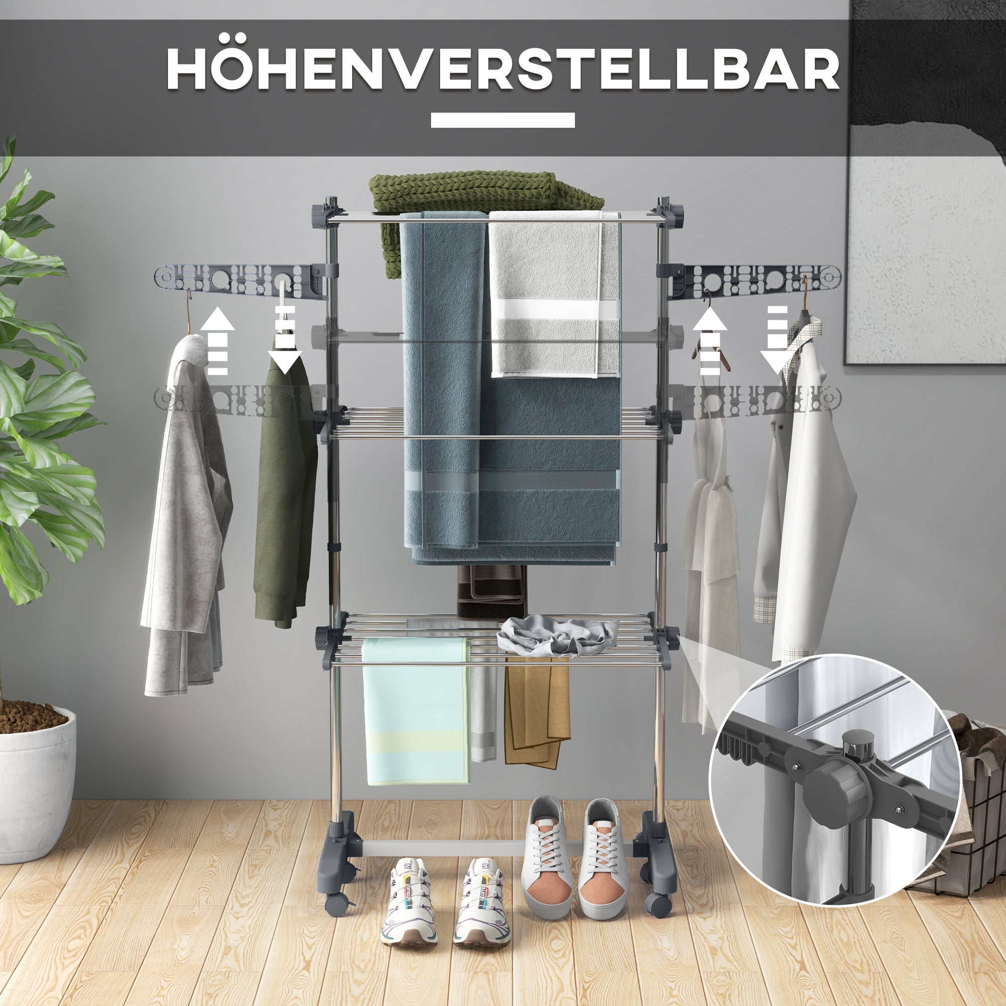 Clothes dryer tower, 3 levels foldable with side wings, steel gray