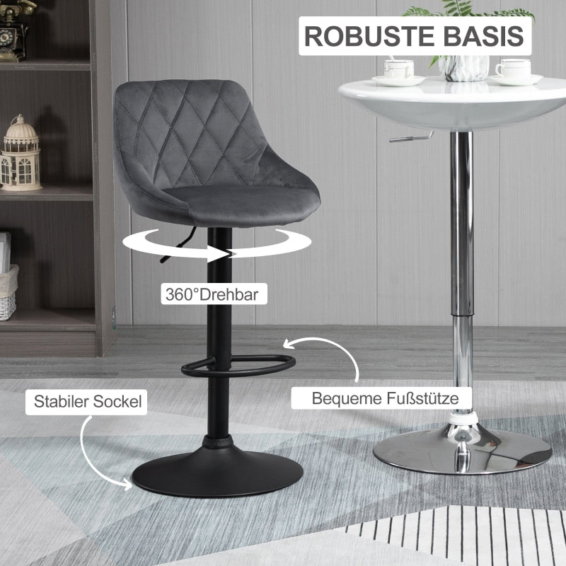 Set of 2 Bar Stools Height-Adjustable Swivel Backrest - Dark Grey Velvet Look