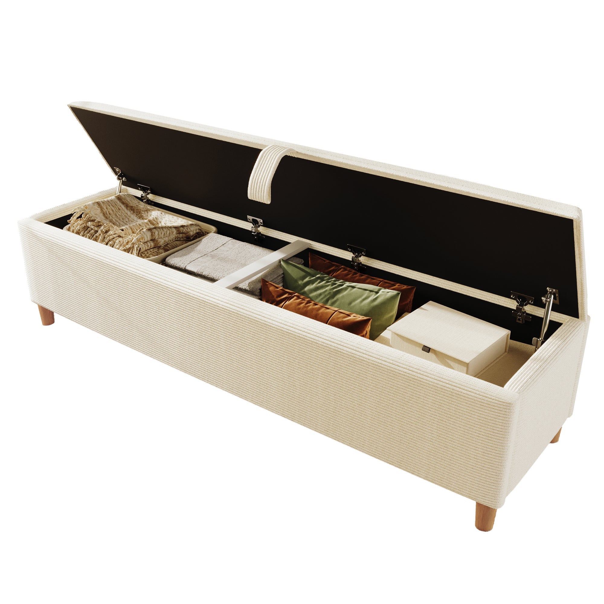Bed Bench 175x38cm Upholstered Hydraulic Storage, Beige Corduroy Look