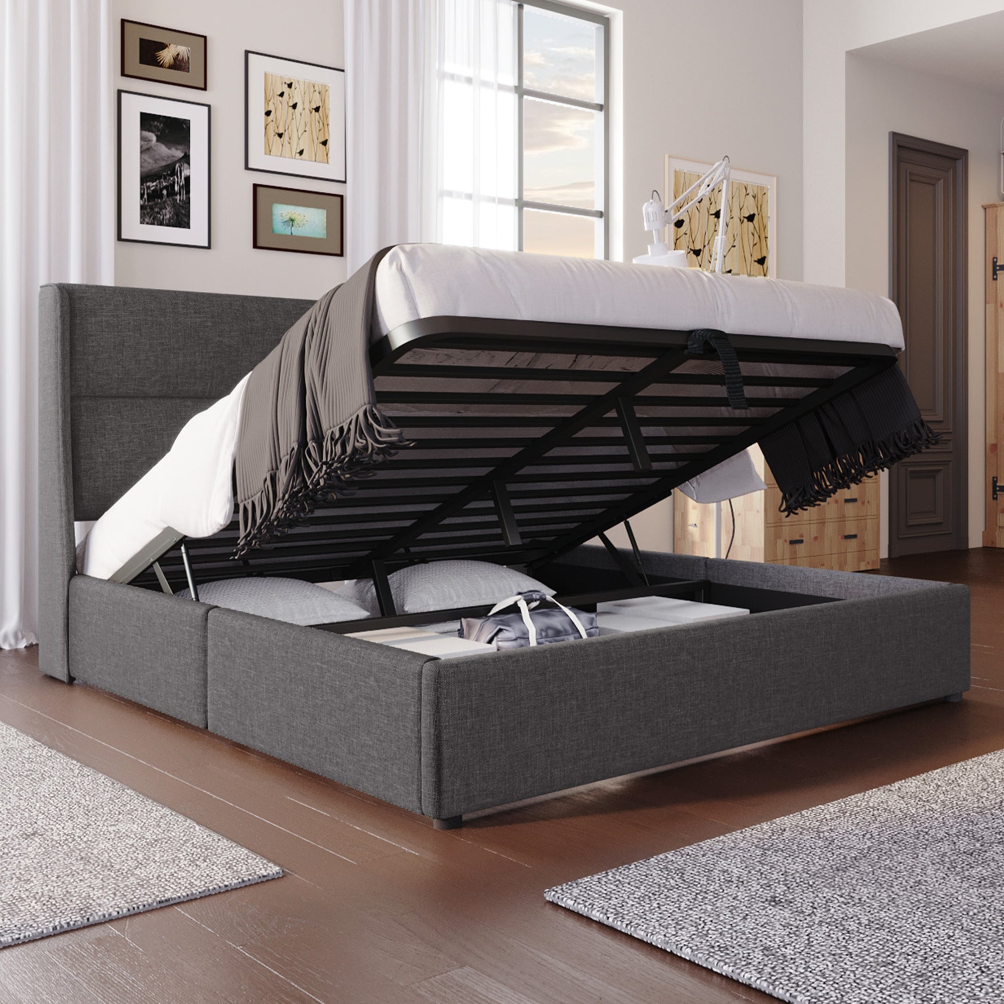 Upholstered Double Bed 160x200cm Hydraulic Storage Adjustable Headrests Linen Grey