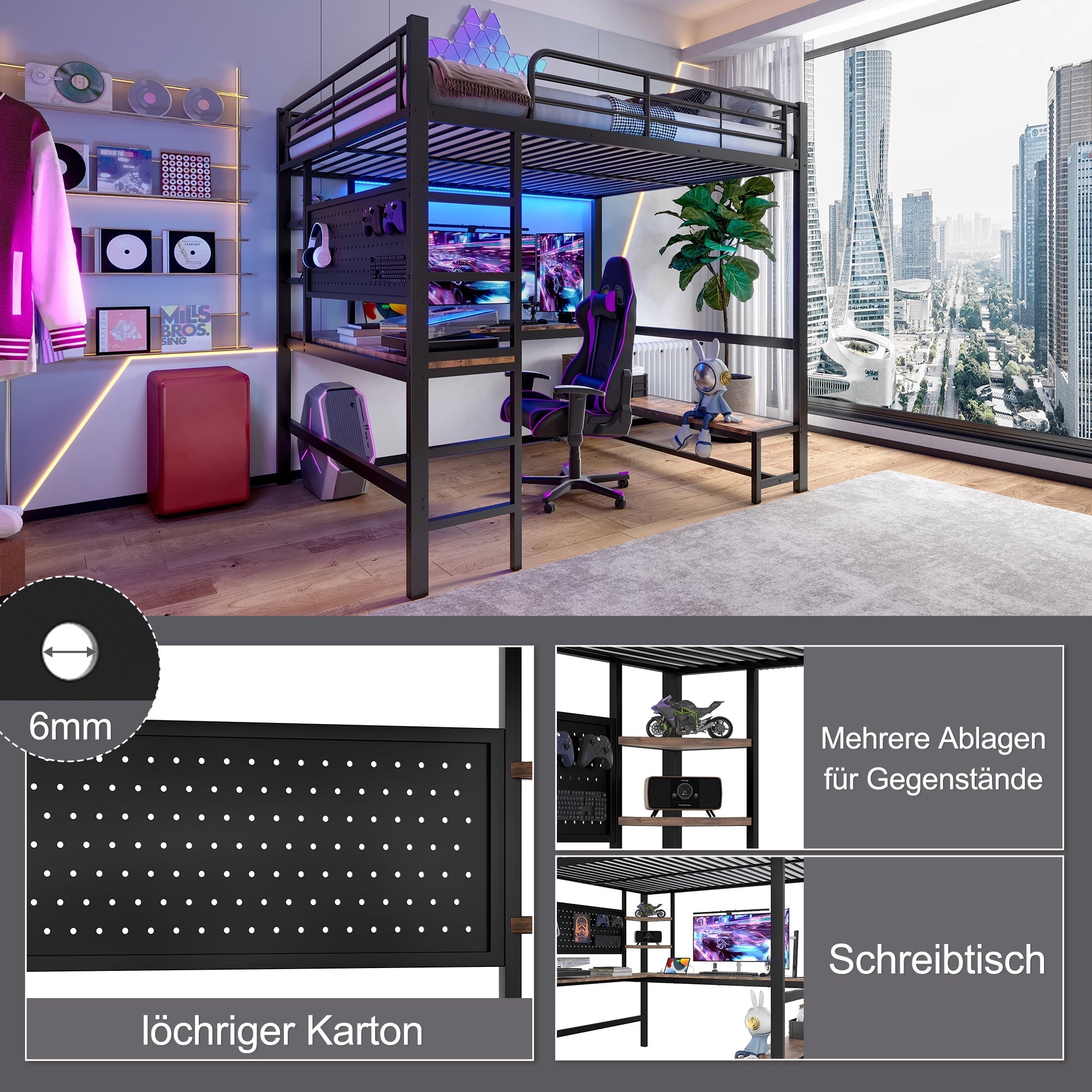 Loft Bed with Desk, USB Sockets, LED Strip and Pegboard, Black Metal Frame