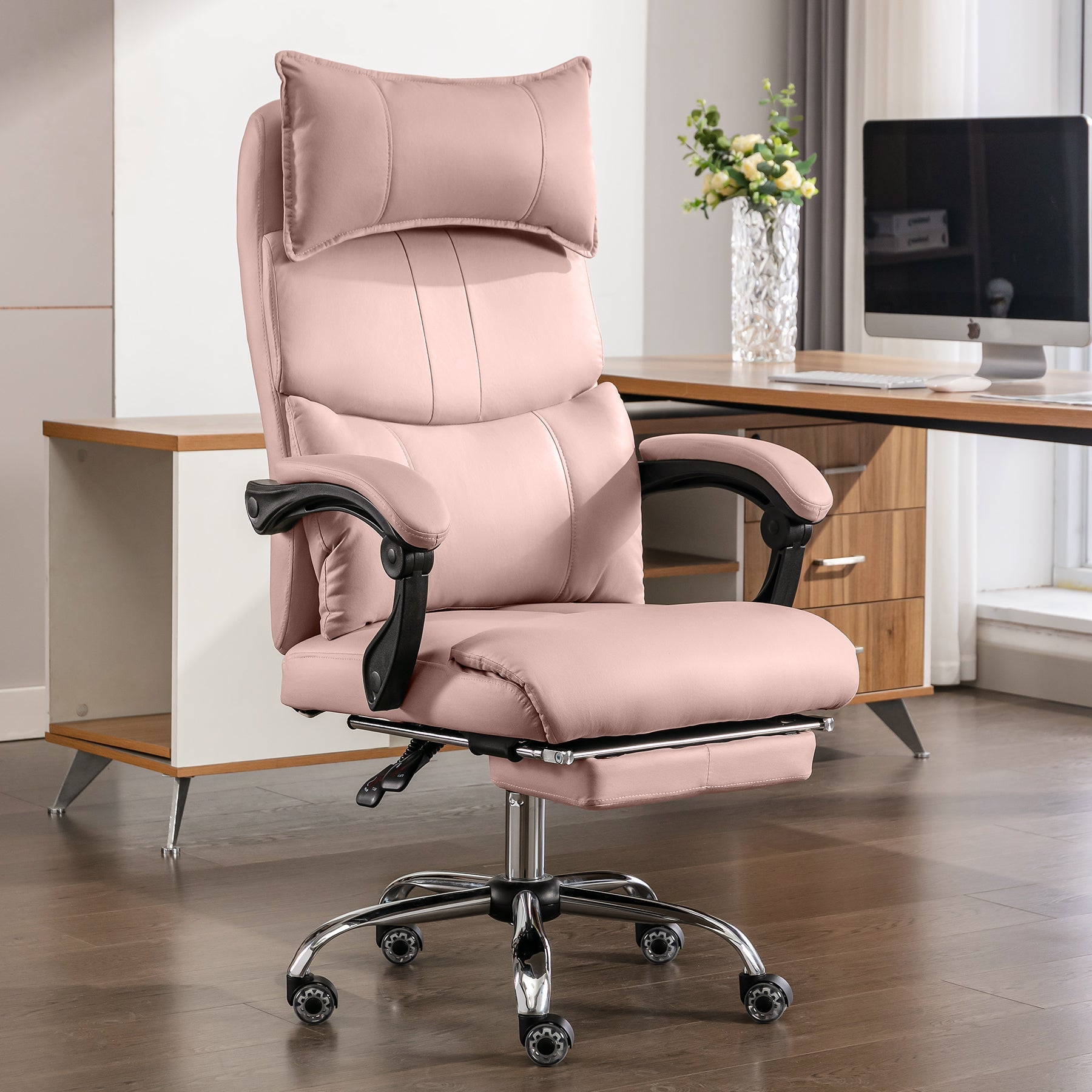 Ergonomic Executive Office Chair Swivel Height Adjustable Double Lumbar Support - PU Leather Pink