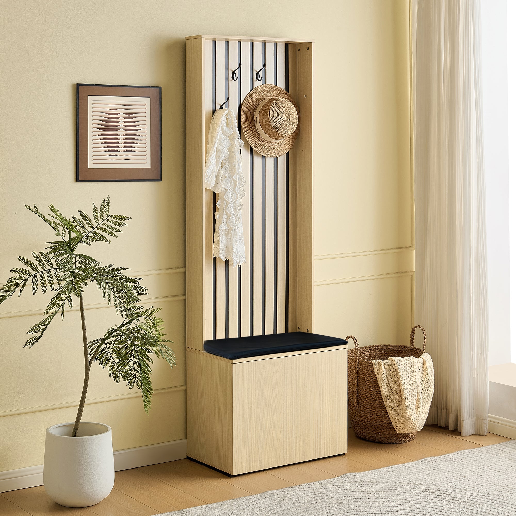 Modern Wardrobe with Bench & Shoe Storage, 4 Hooks, Wood/MDF