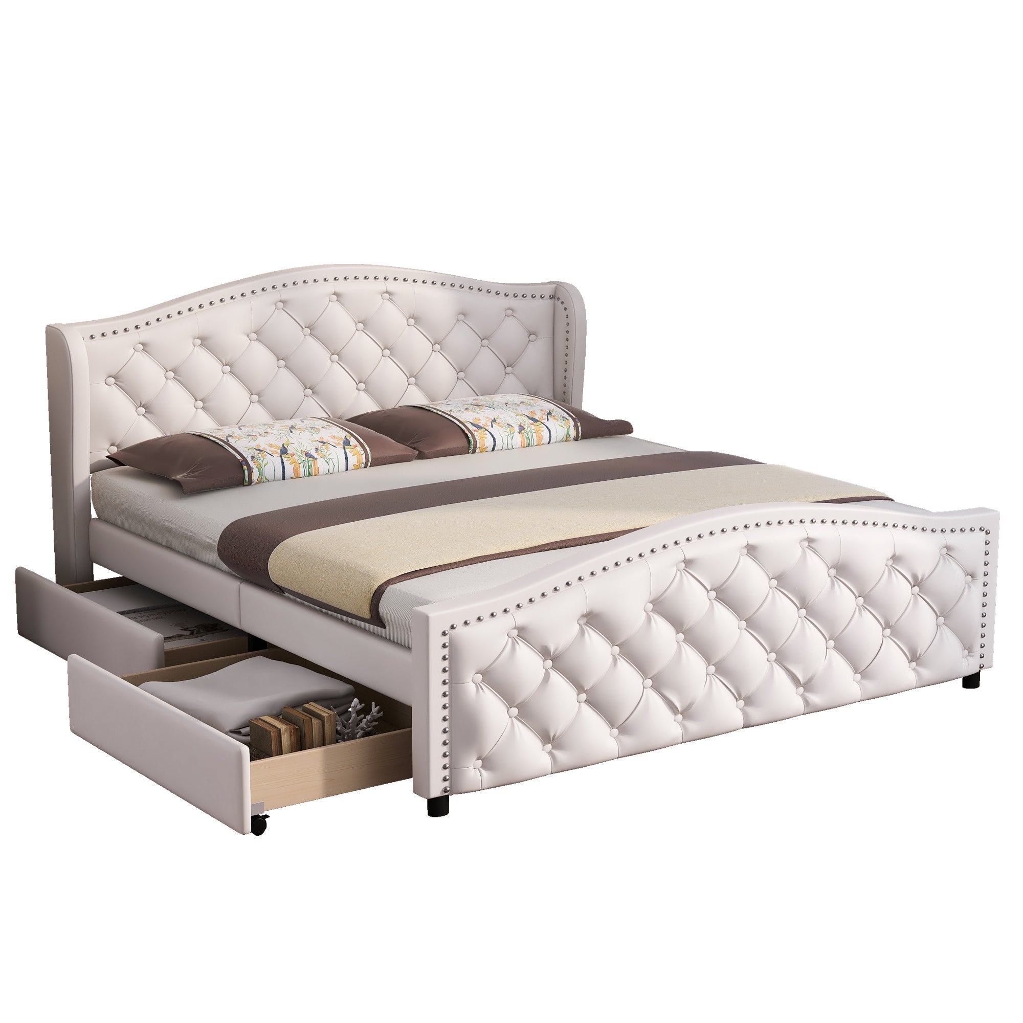 Upholstered Bed 180x200 Storage 2 Drawers High Headboard - PU White