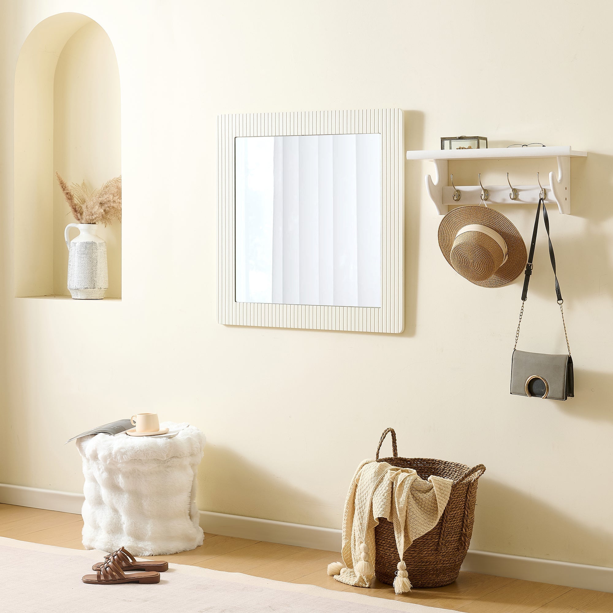 Wall Mirror Square 80x80cm Wood-Look Frame - White