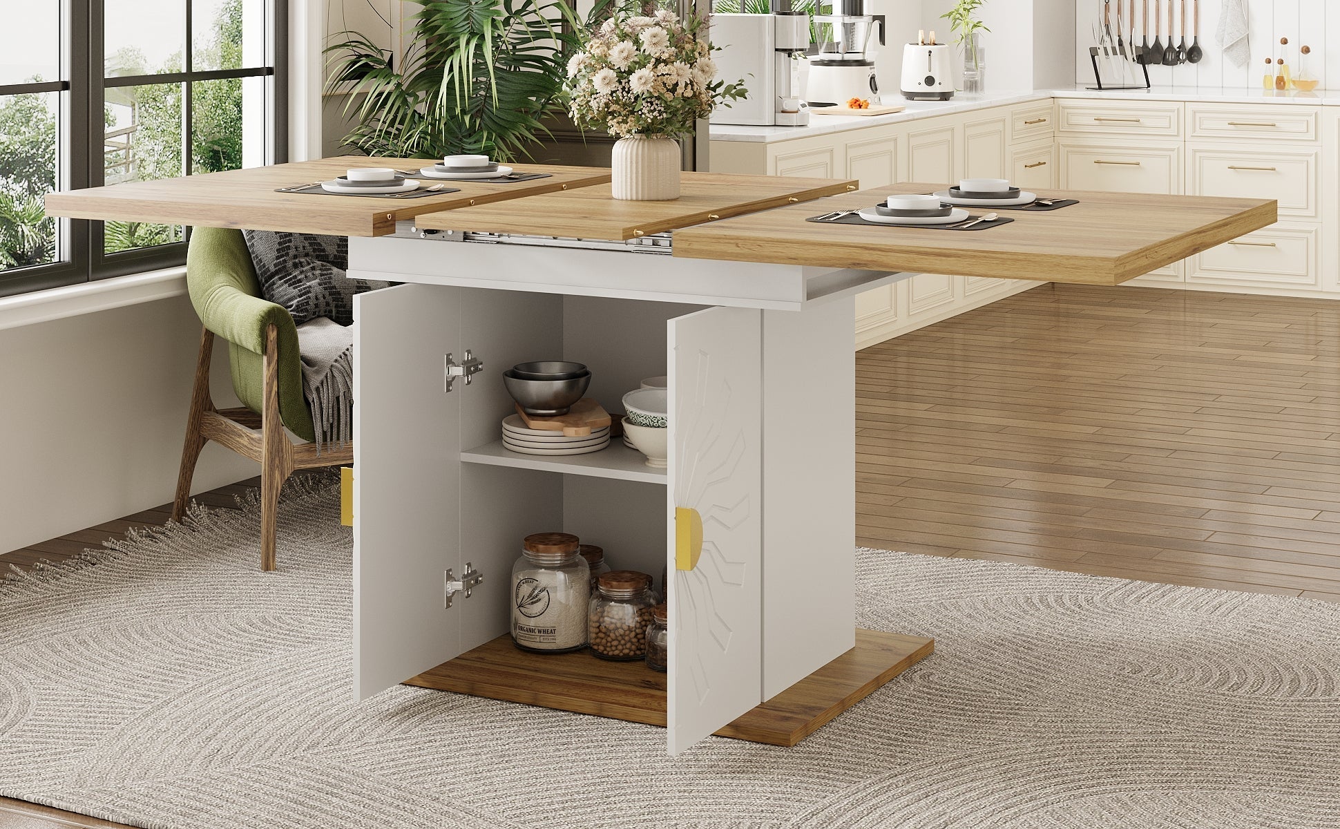 Extendable Dining Table with Storage and Sunburst Relief, Wood Veneer