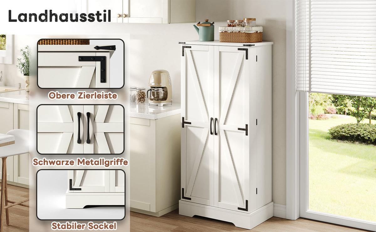 Pantry Cabinet 128.5cm Farmhouse LED 2 Doors Adjustable Shelves - White