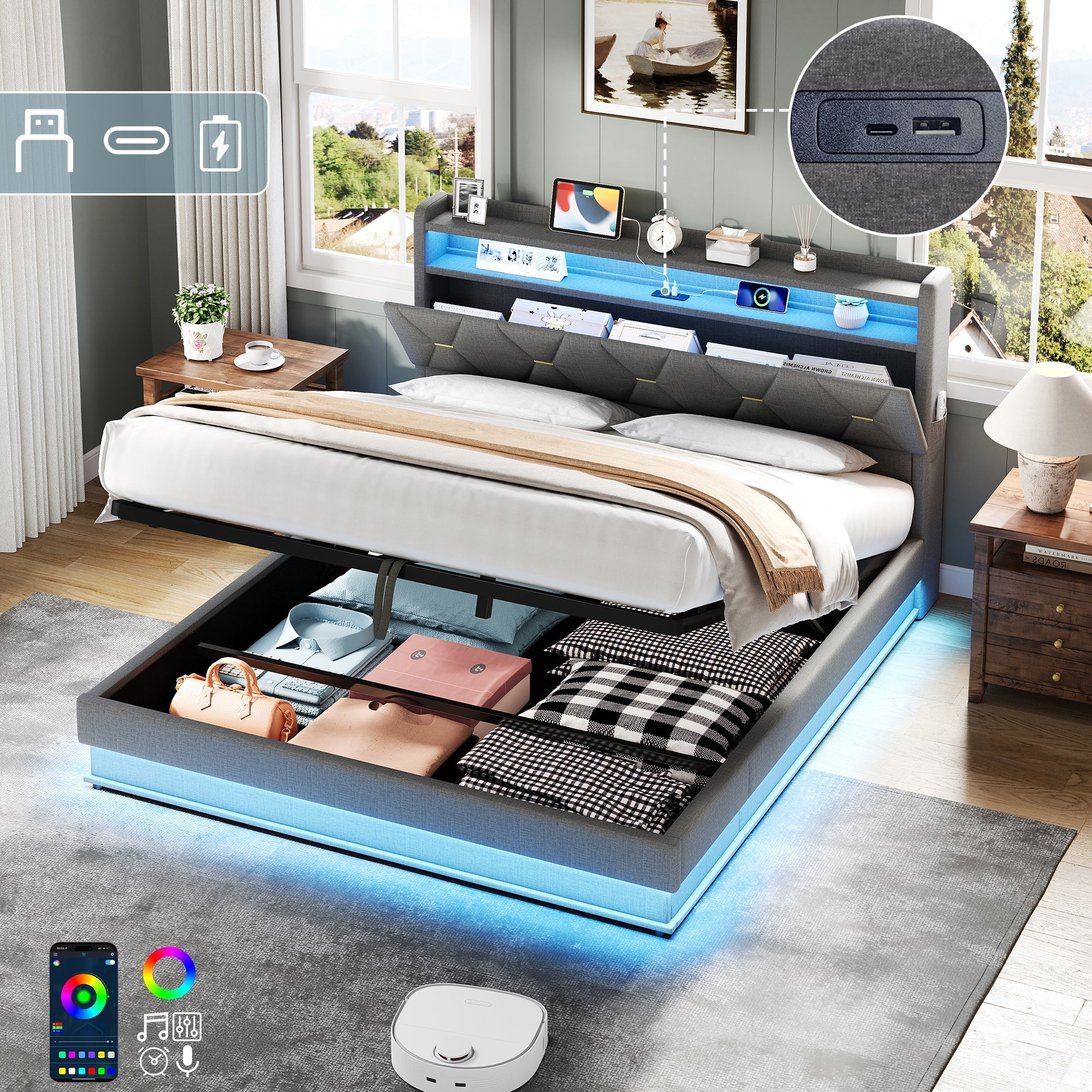 4ft6 Double Upholstered Bed Frame with Hydraulic Storage, LED Headboard, USB & Type-C Ports, Linen Grey