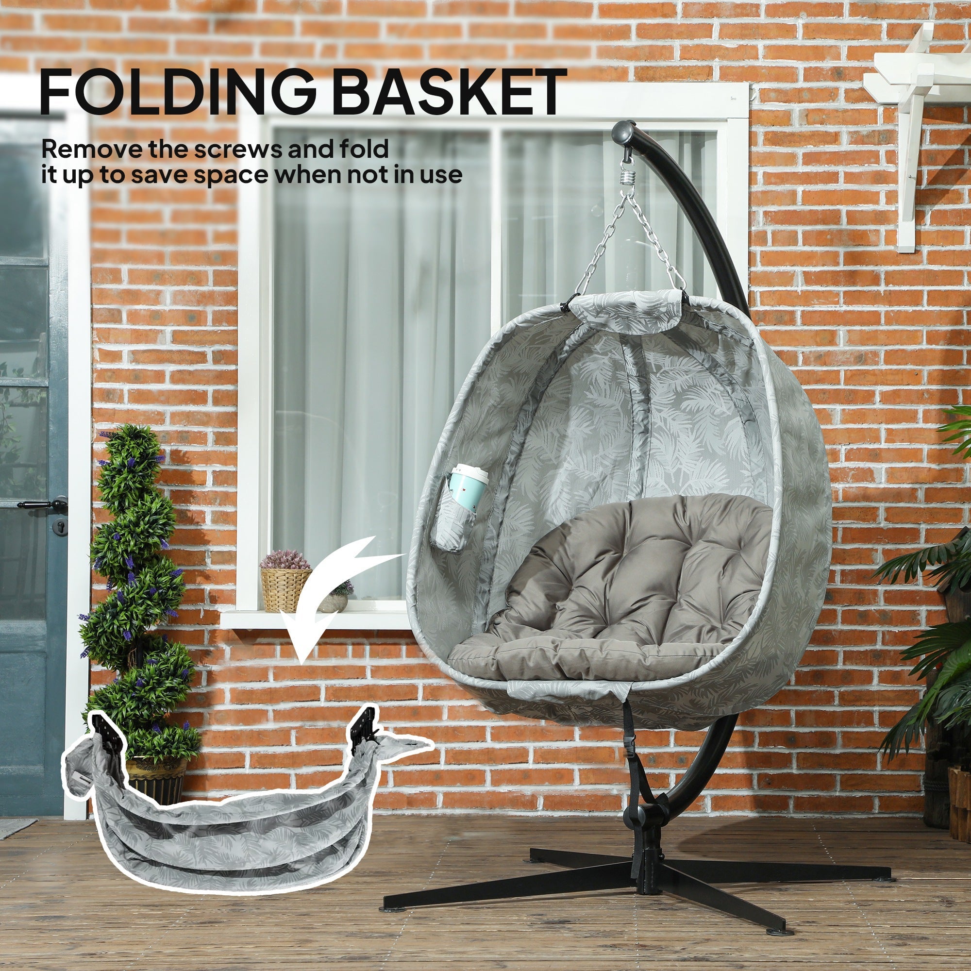 Hanging Egg Chair with Folding Basket, Stand, Thick Cushion, and Cup Holder, Sand Brown