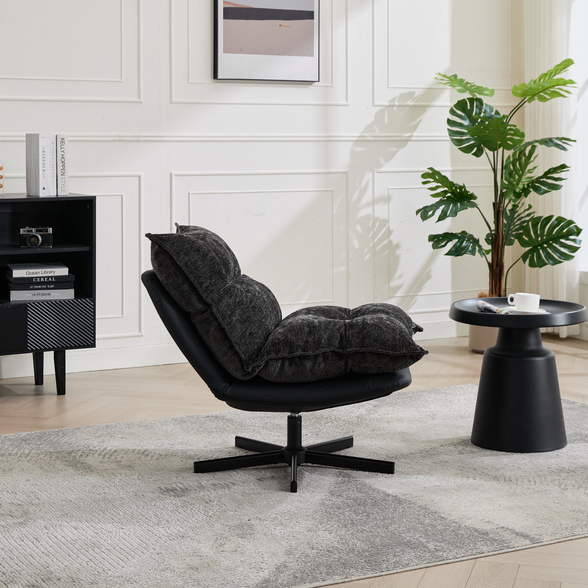 Swivel Recliner with 3-Position Adjustable Backrest and Memory Foam, Dark Grey Chenille and Faux Leather