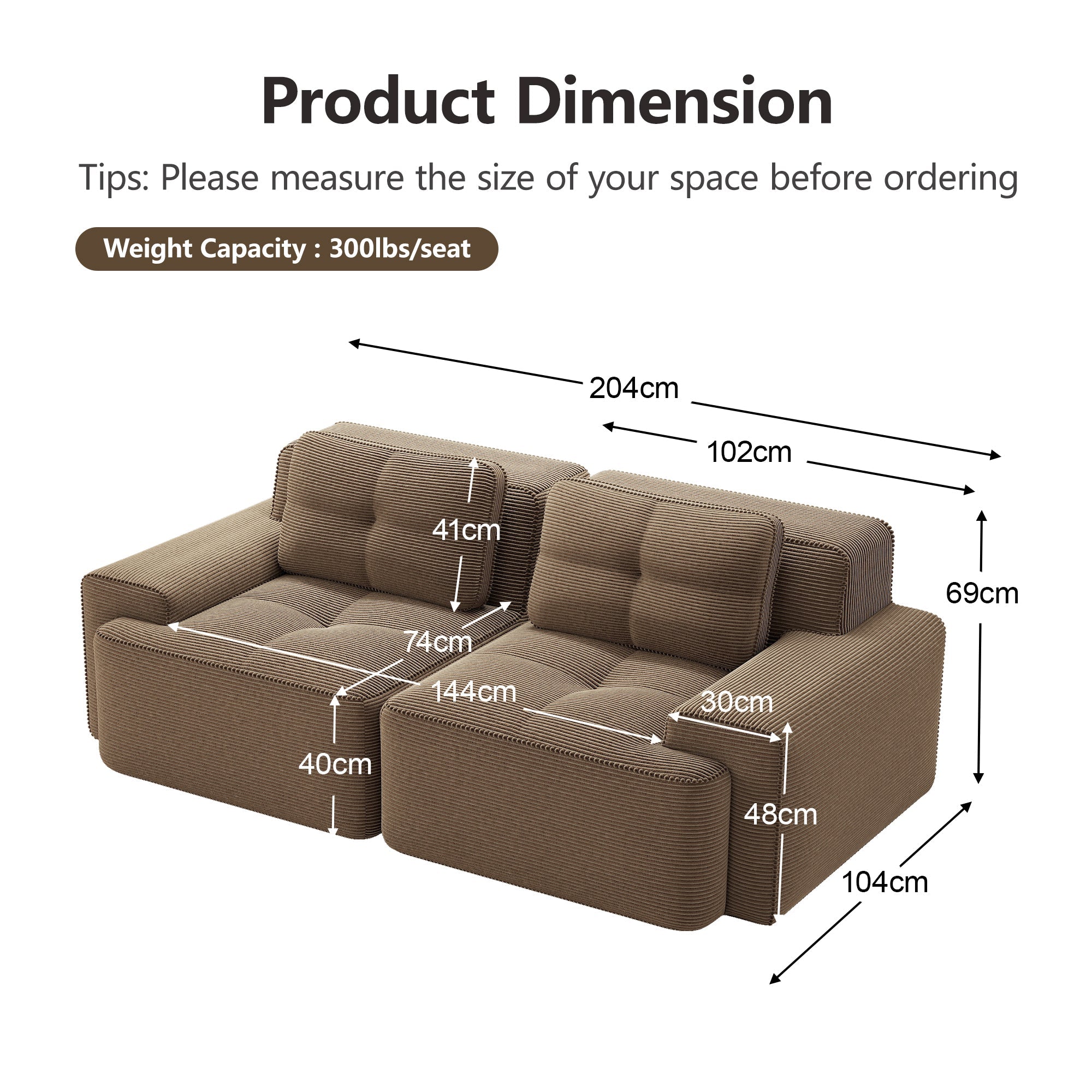 Boneless Modular Sofa Deep Seat Sleeper Loveseat - Brown Corduroy