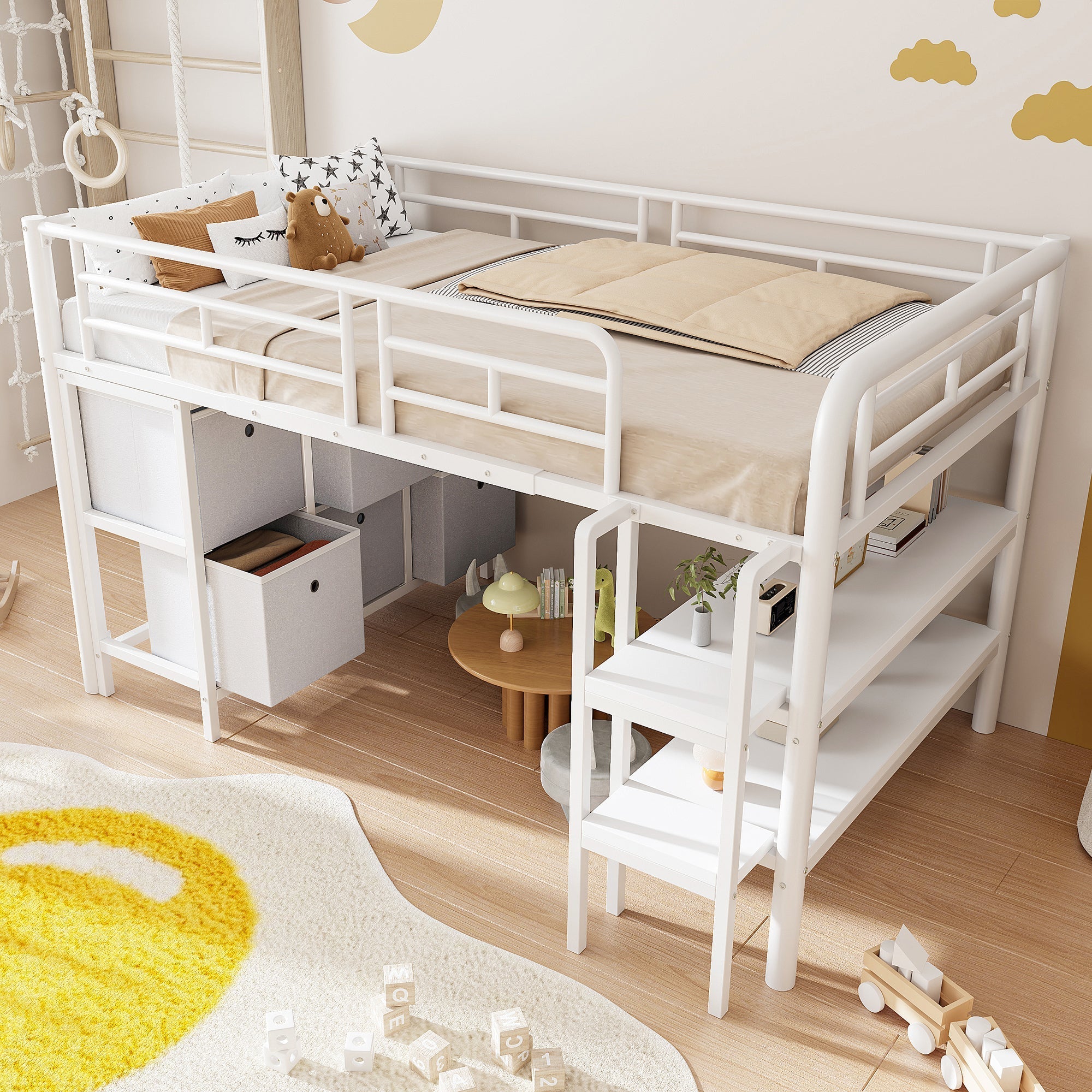 Children's Loft Bed 90x200 with Storage Stairs and Drawers, White Metal