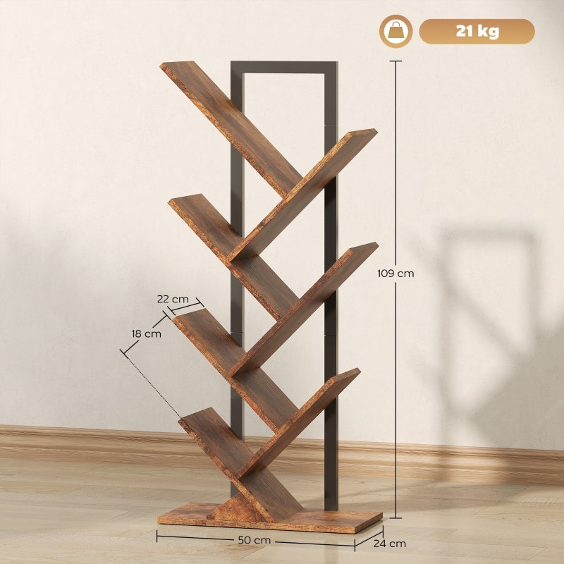 Bookshelf Standing Shelf 7 Levels Narrow Tree Shape Office Rustic Brown